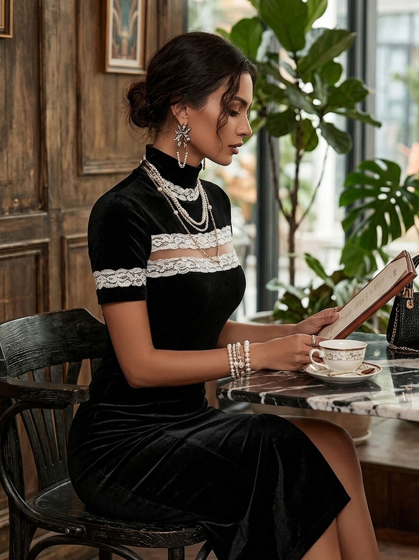 Black Velvet Bodycon Midi Dress With Lace Patchwork And Front Slit