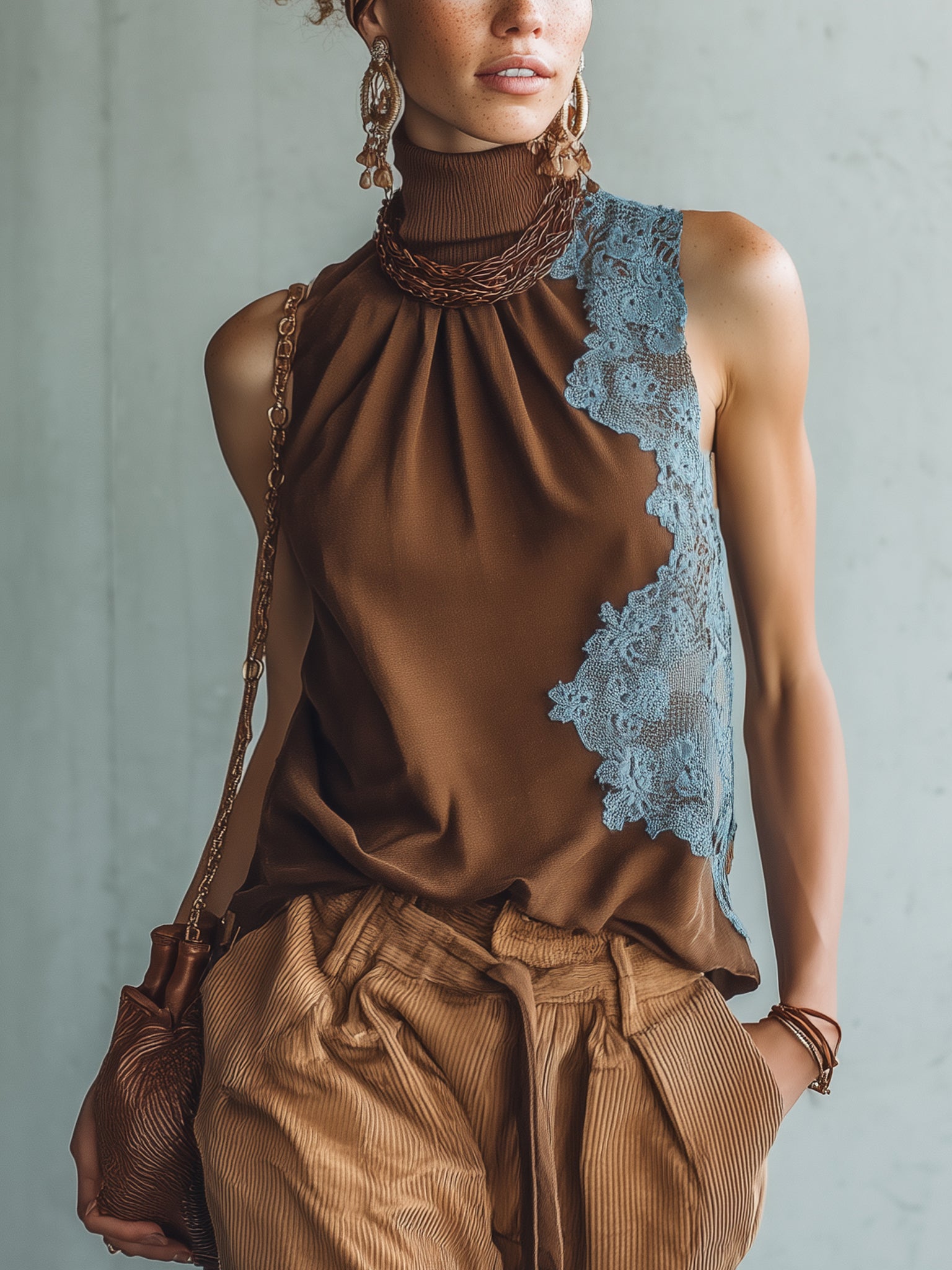Brown Satin Lace Patchwork Sleeveless Top