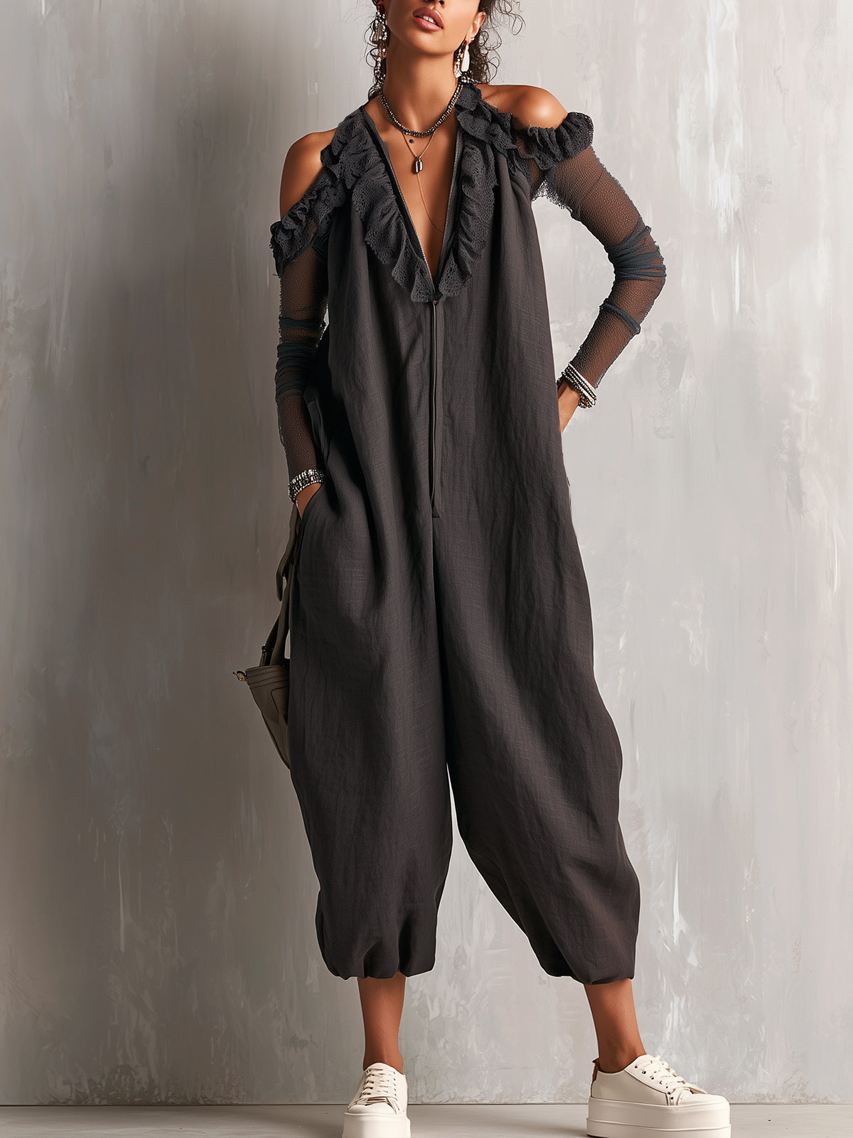 Cold-Shoulder Black Ruffle Trim Harem Jumpsuit