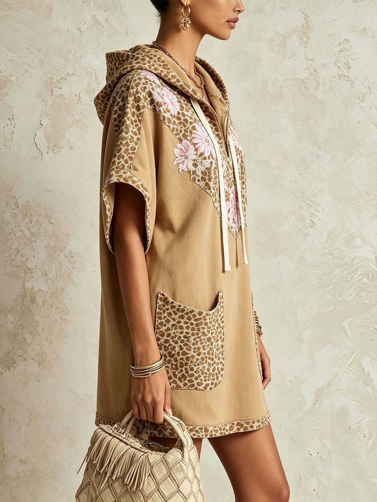 Khaki Leopard Floral Hooded Faux Suede Mini Dress