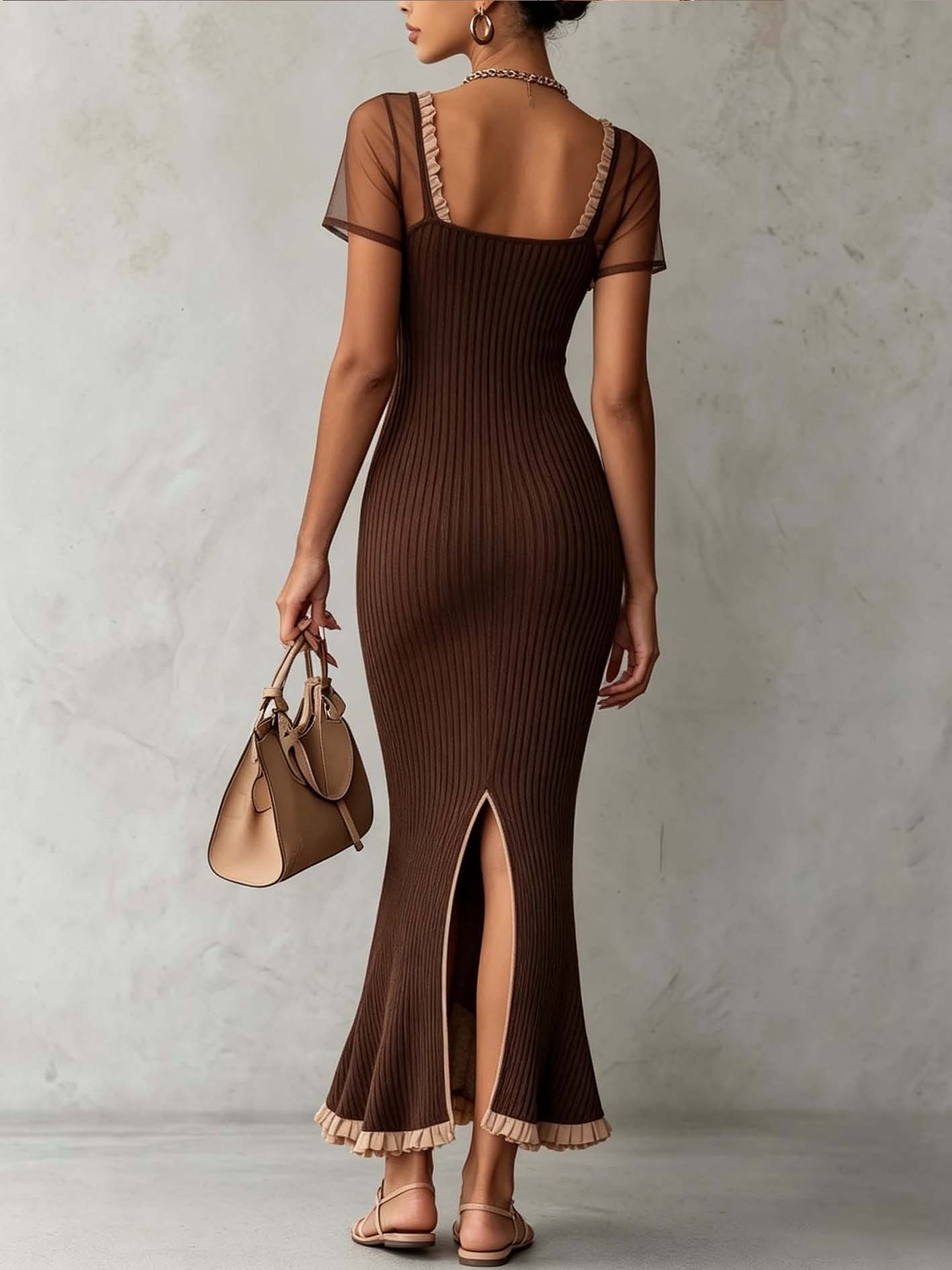 Coffee Brown Ribbed Knit Bodycon Dress With Sheer Mesh Sleeves