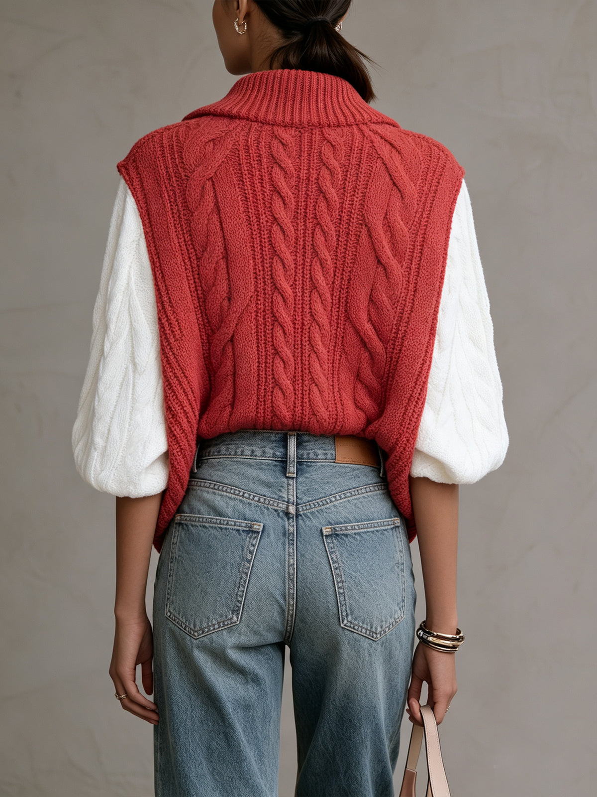 Coral Colorblock Cable Knit Half-Zip Sweater