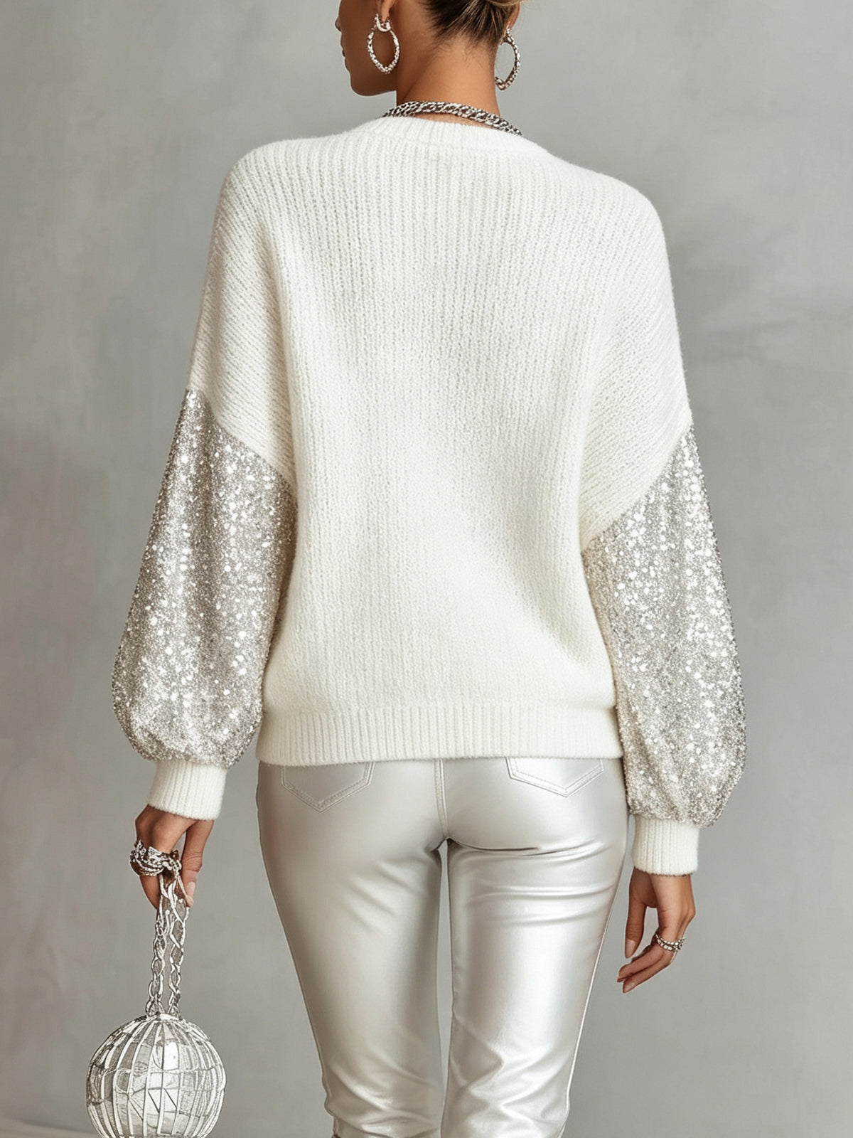 Ivory Sequin Sleeve Oversized Knit Sweater