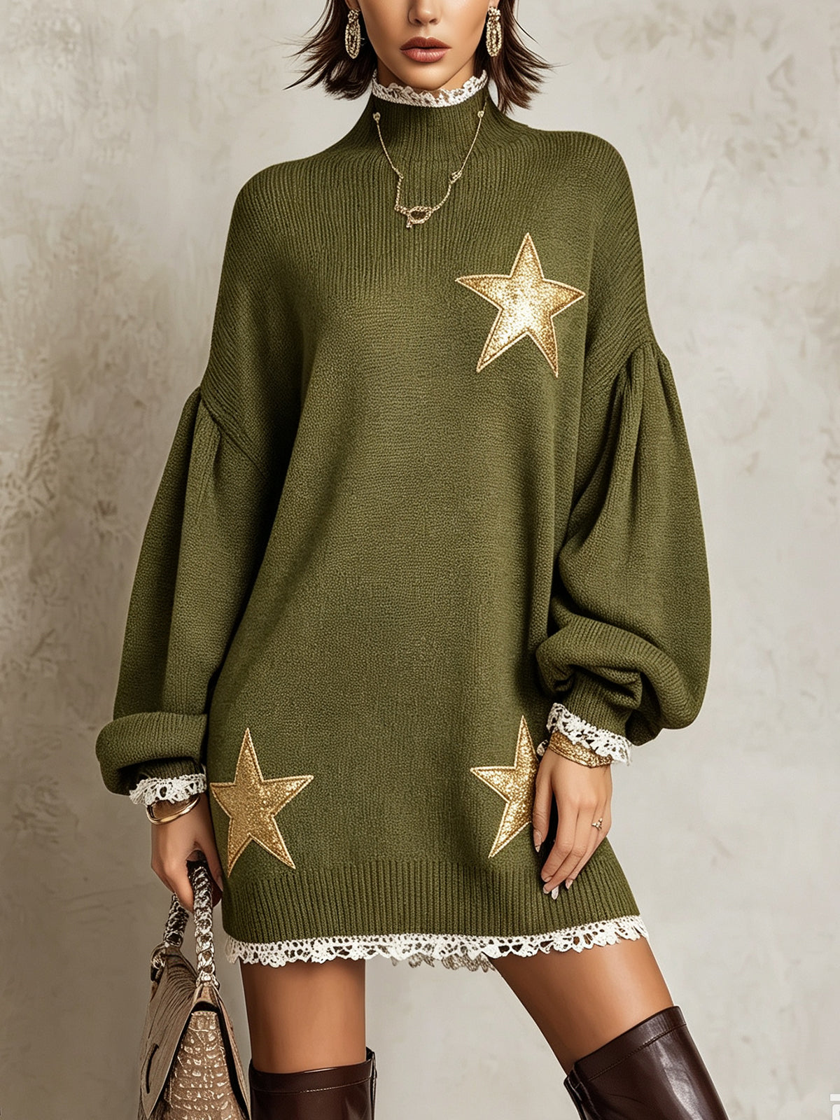 Olive Star Appliqué Lace Trim Knit Mini Dress