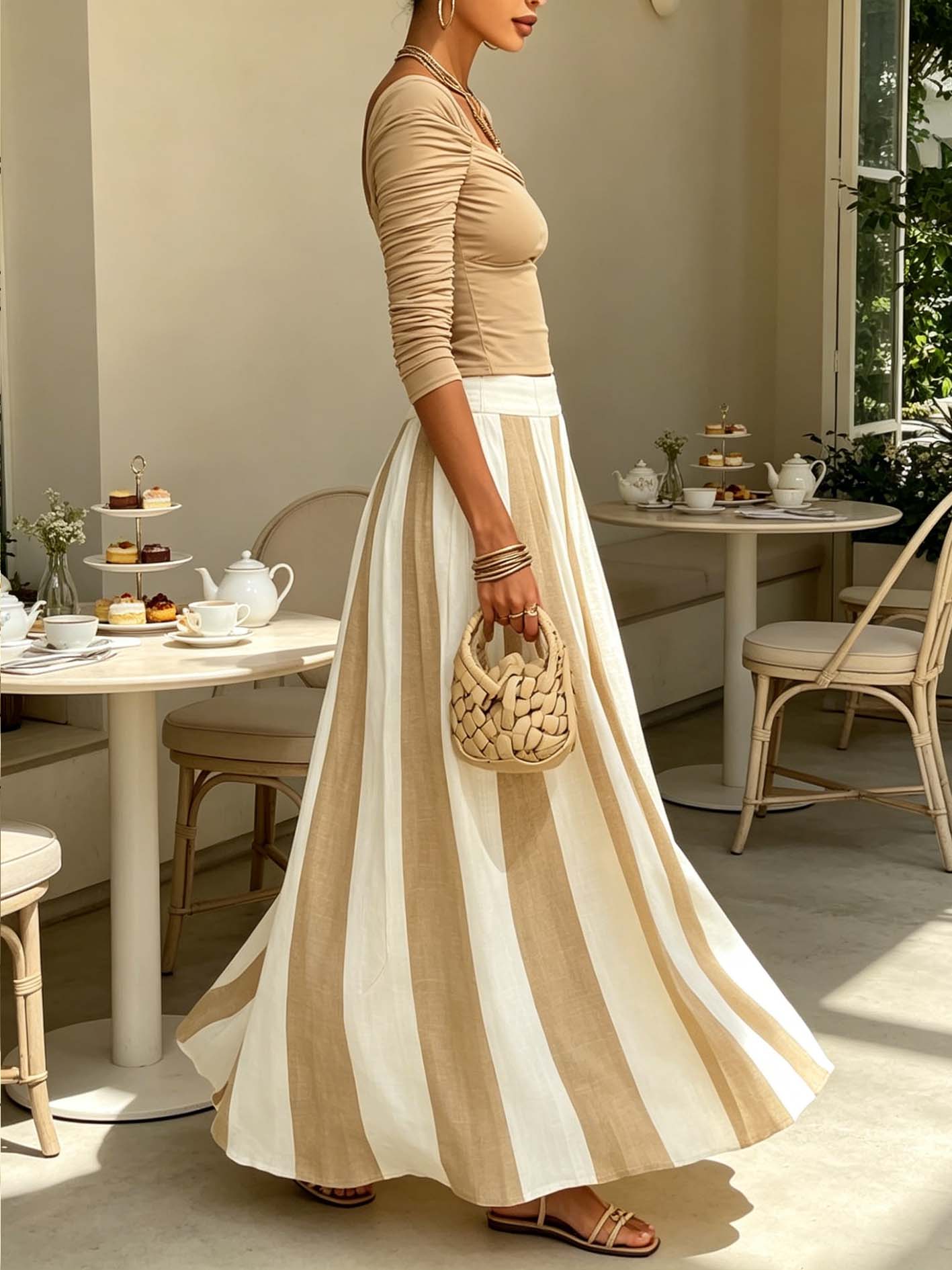Beige And White Ruched Top And Striped Maxi Skirt Set