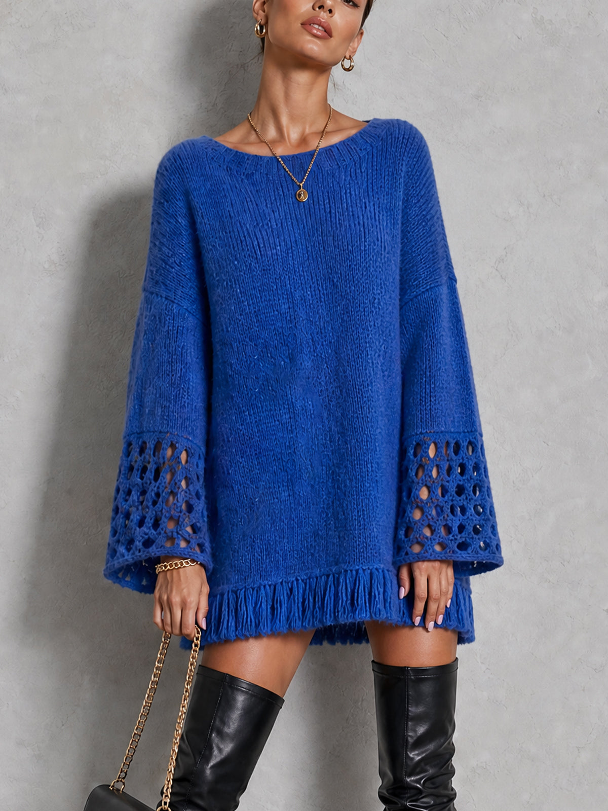 Blue Openwork Bell Sleeve Fringe Hem Knit Mini Dress