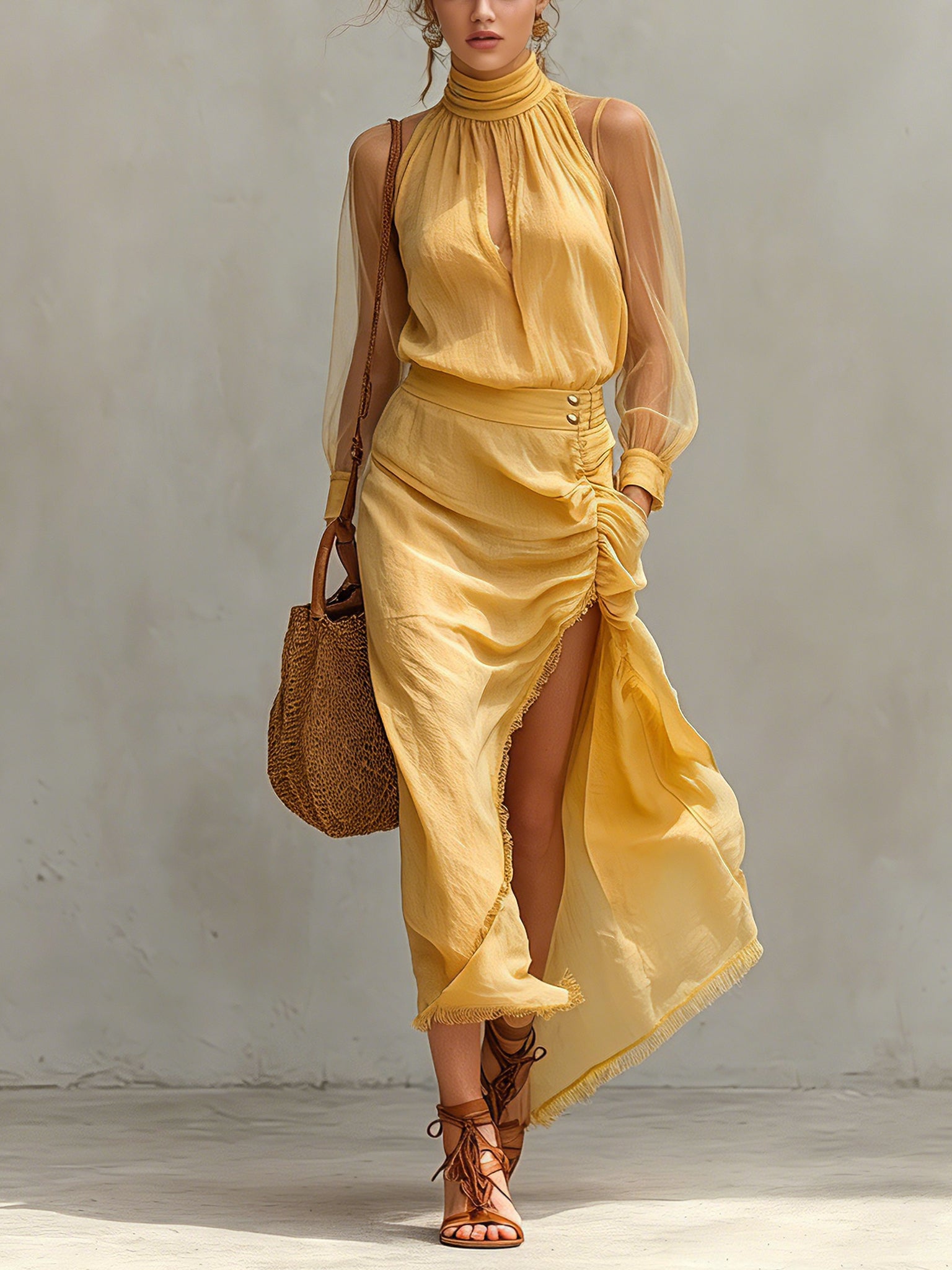 Yellow Cotton Linen Long Sleeve Maxi Dress