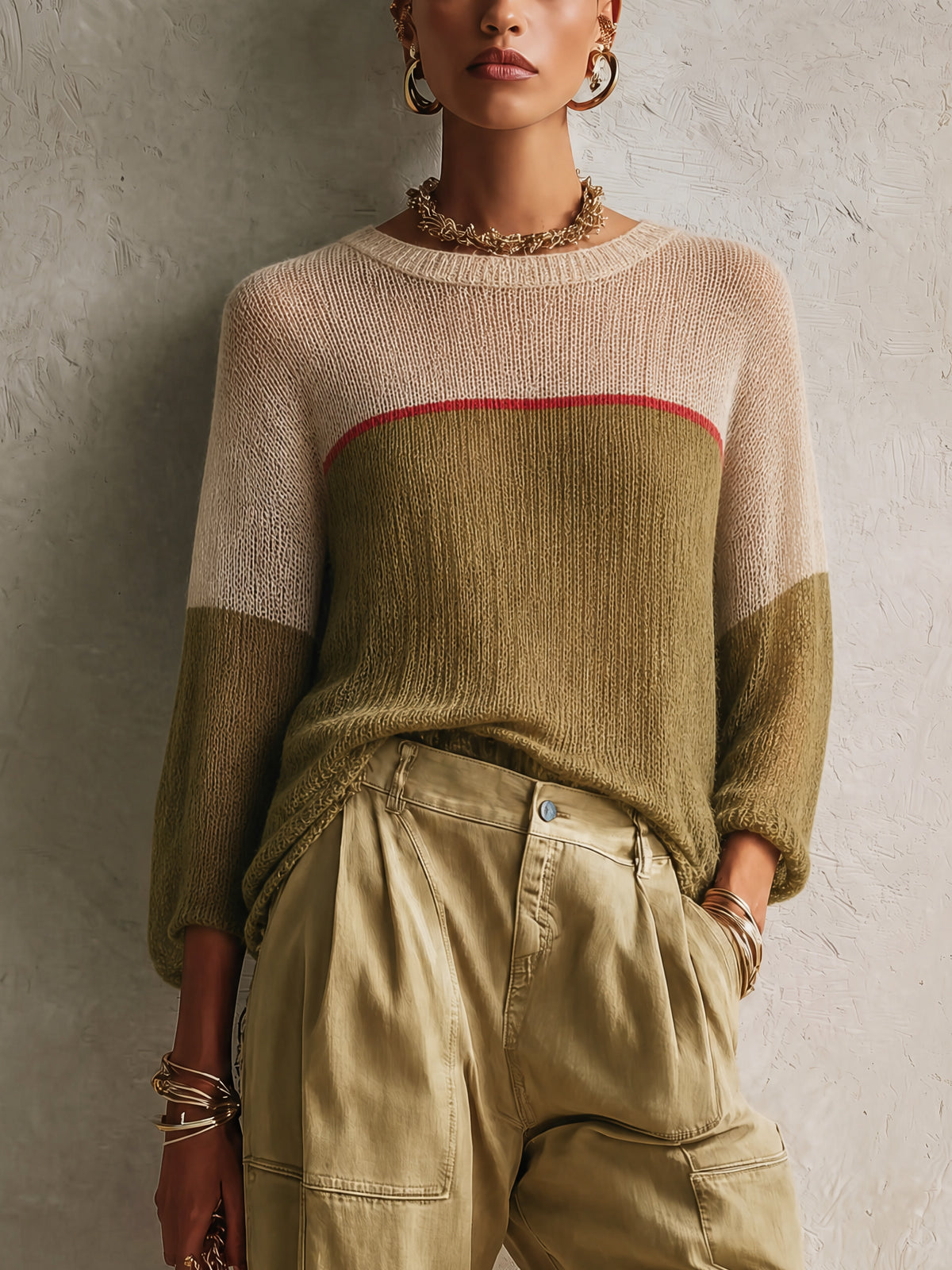 Olive Colorblock Lightweight Knit Sweater
