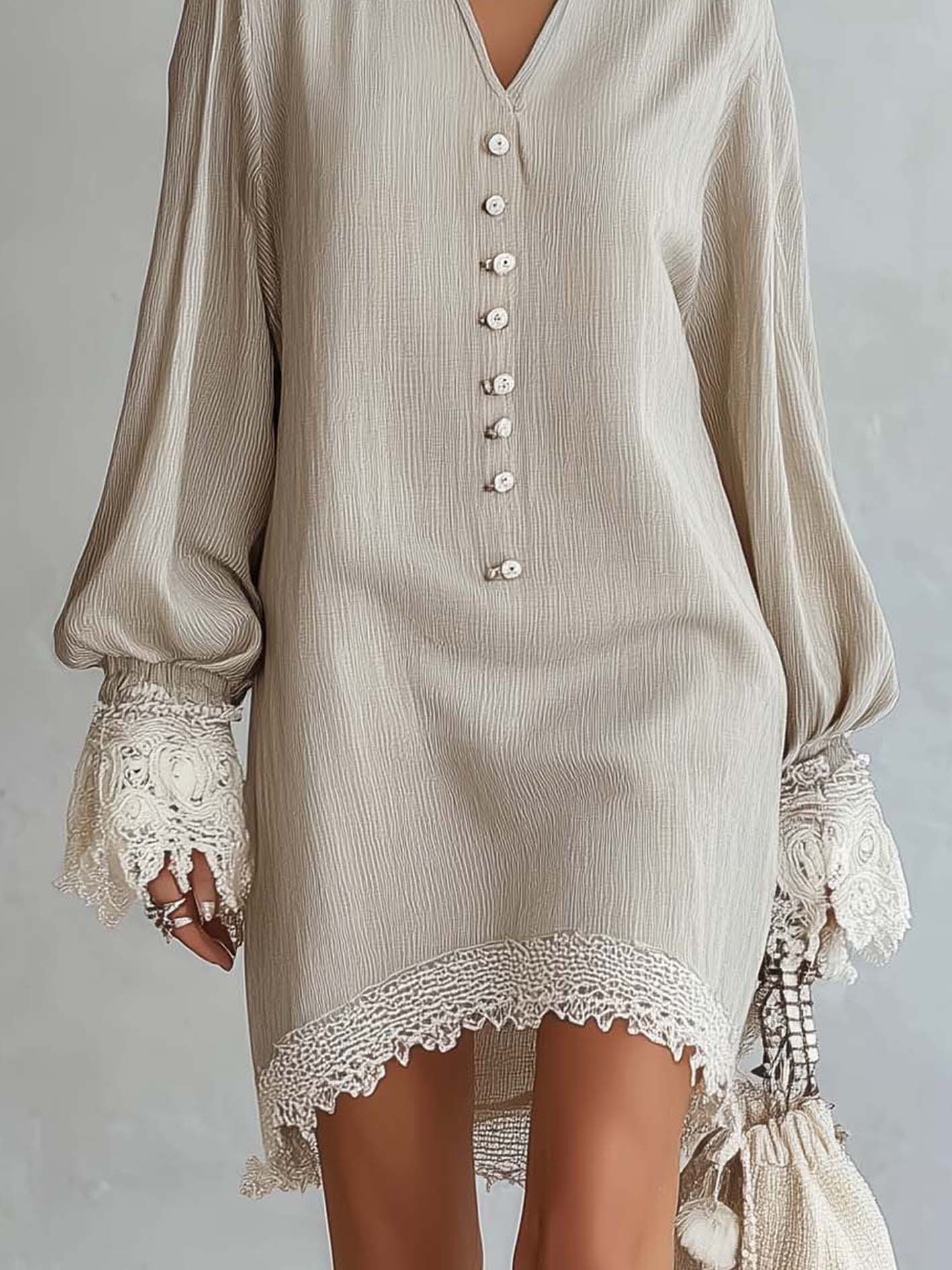Apricot Button Front Midi Dress With Lace Patchwork Cuffs And Hem