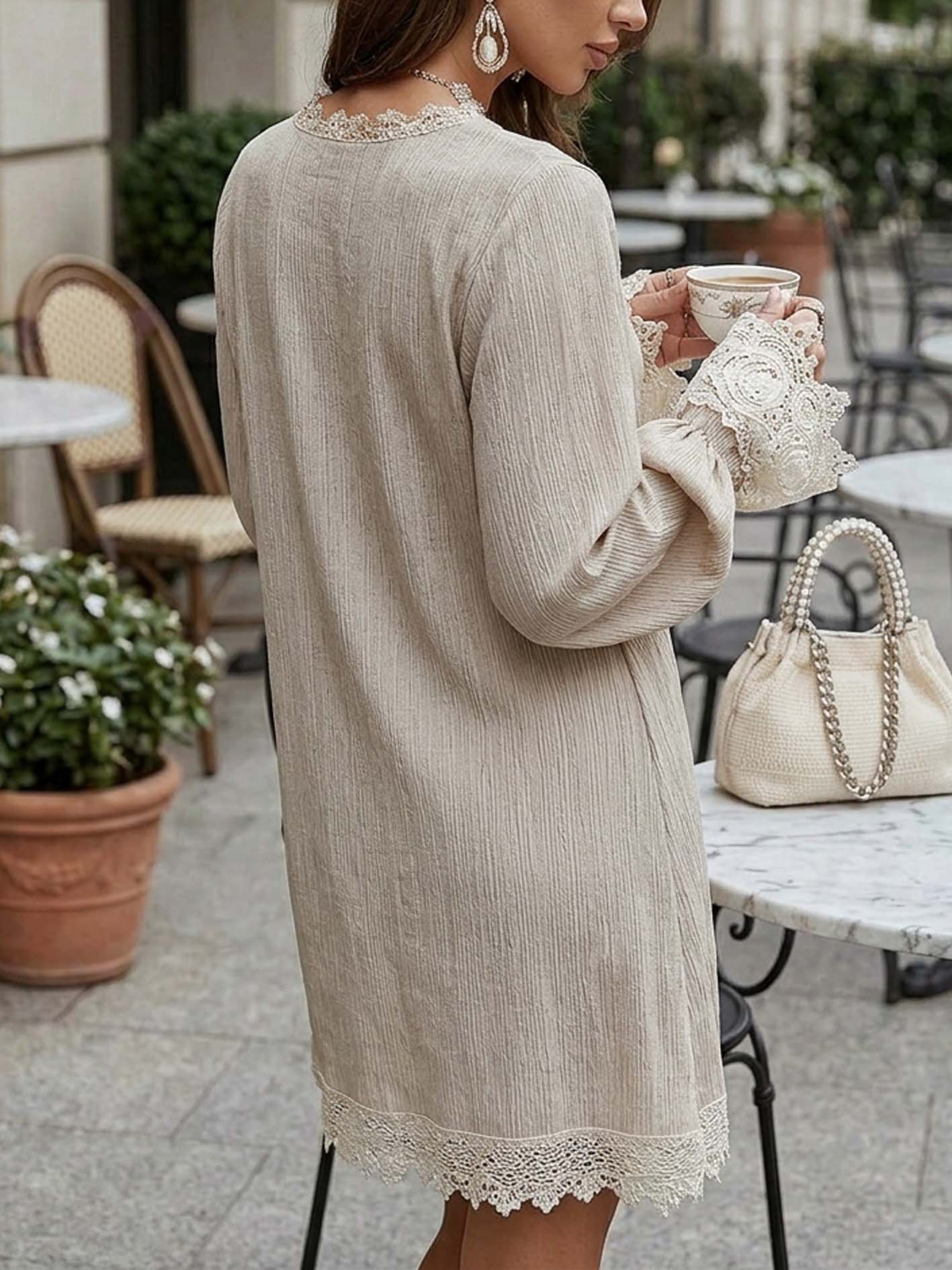 Apricot Button Front Midi Dress With Lace Patchwork Cuffs And Hem