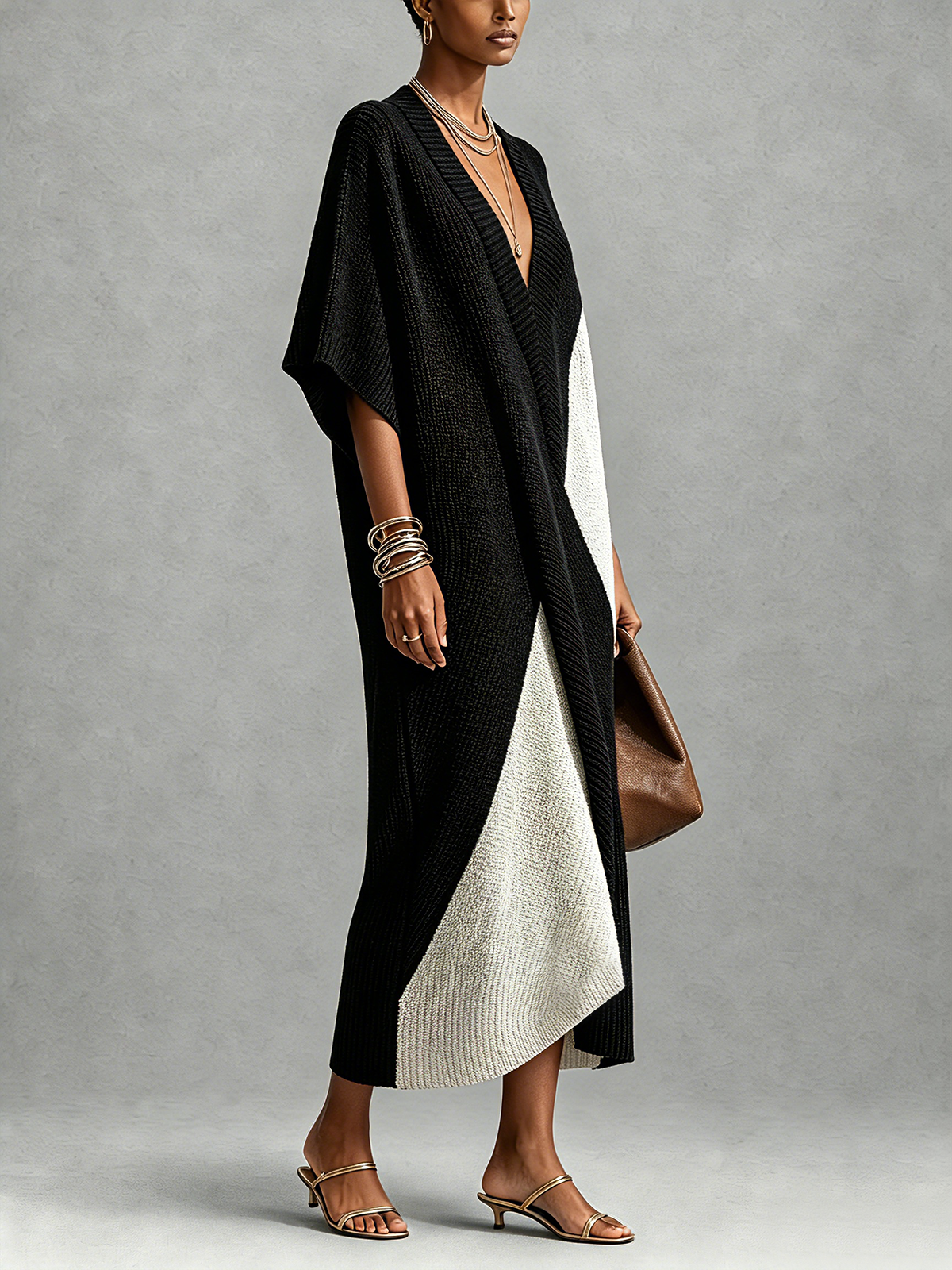 Black And White Textured Colorblock V-Neck Midi Dress