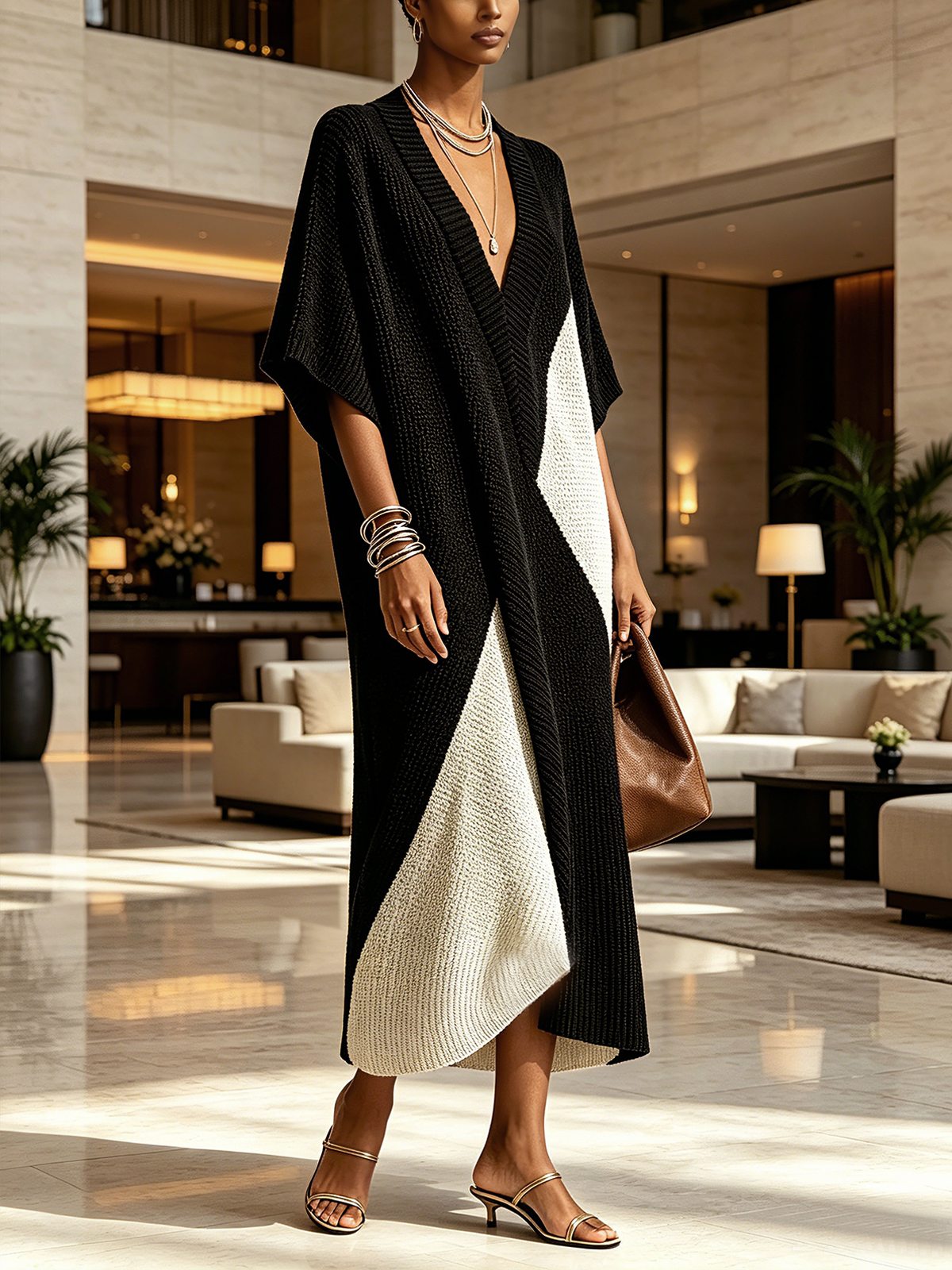 Black And White Textured Colorblock V-Neck Midi Dress