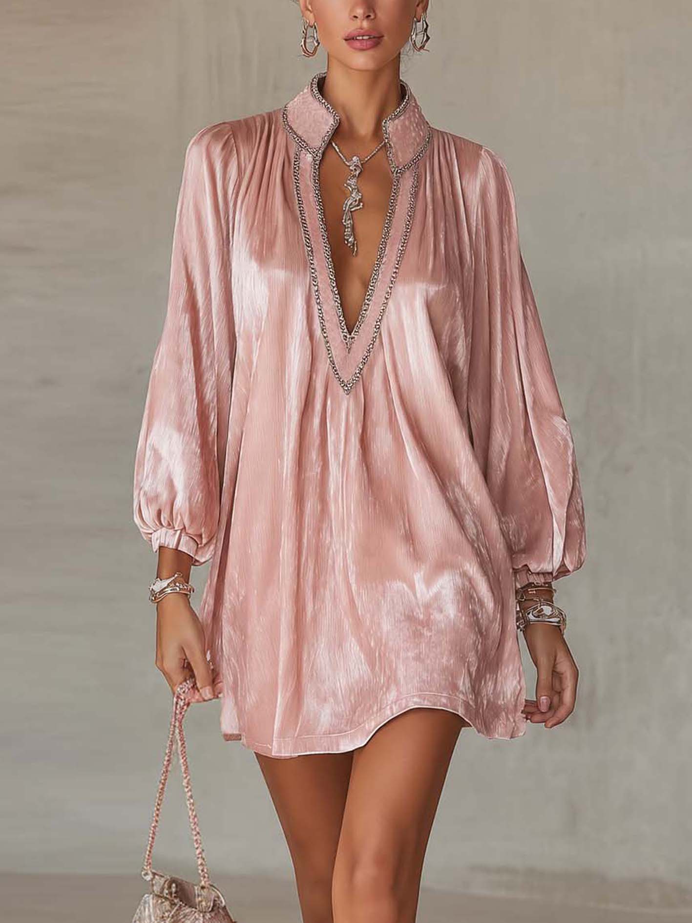Pink Velvet Mini Dress With Rhinestone Trim And Deep V-Neck