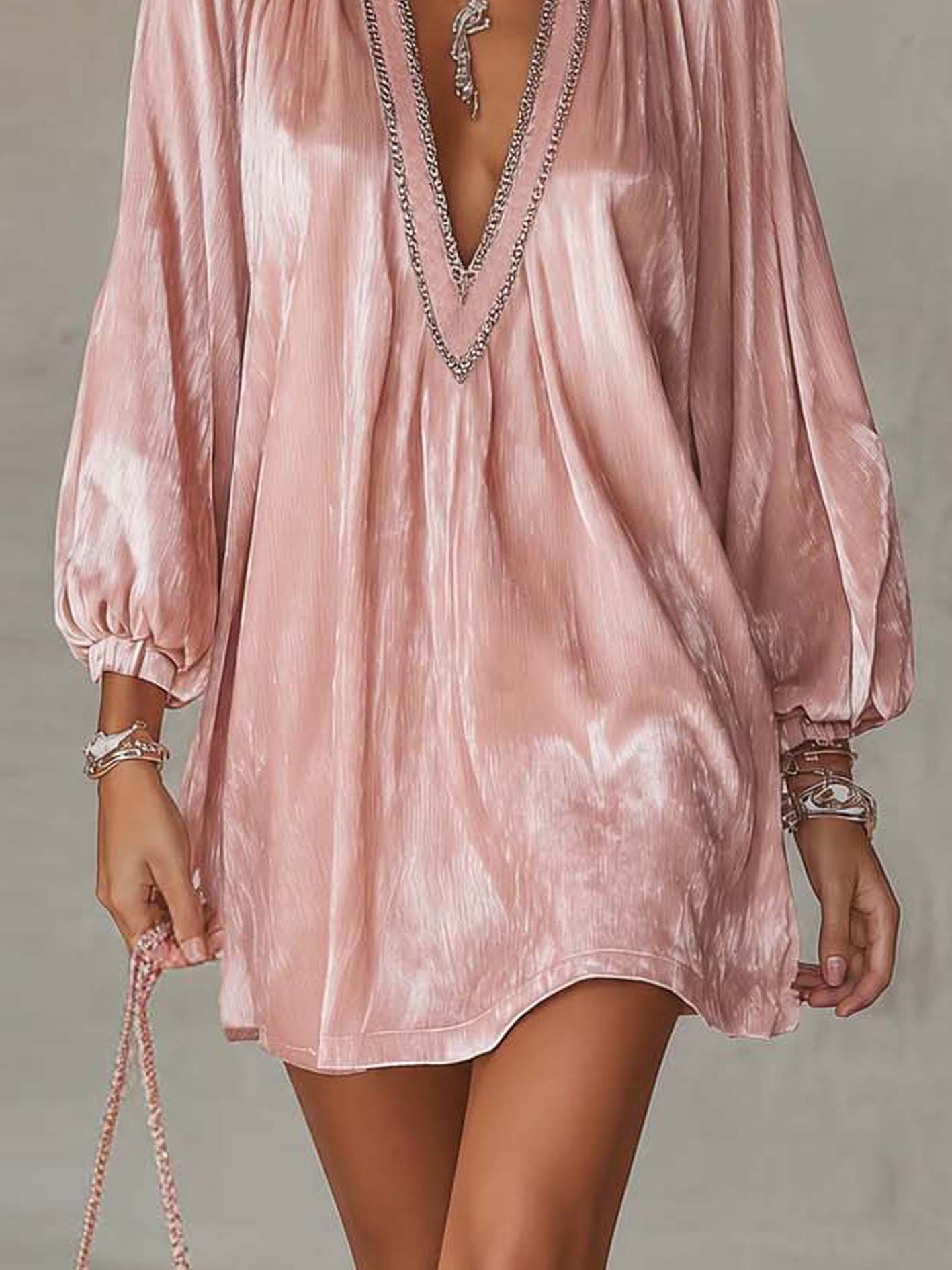 Pink Velvet Mini Dress With Rhinestone Trim And Deep V-Neck