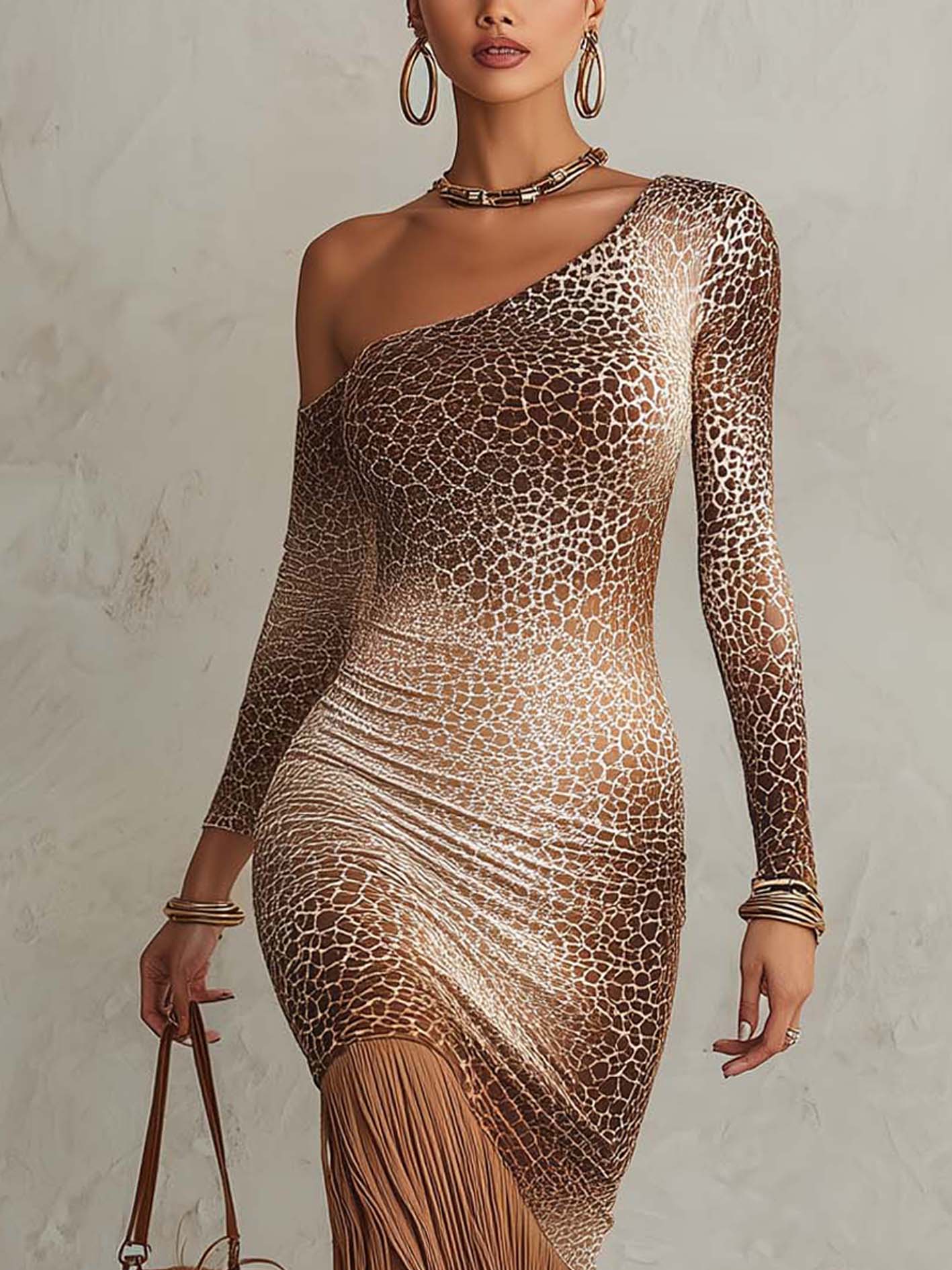 Brown Ombre Leopard Print Bodycon Midi Dress With Faux Suede Fringe Hem