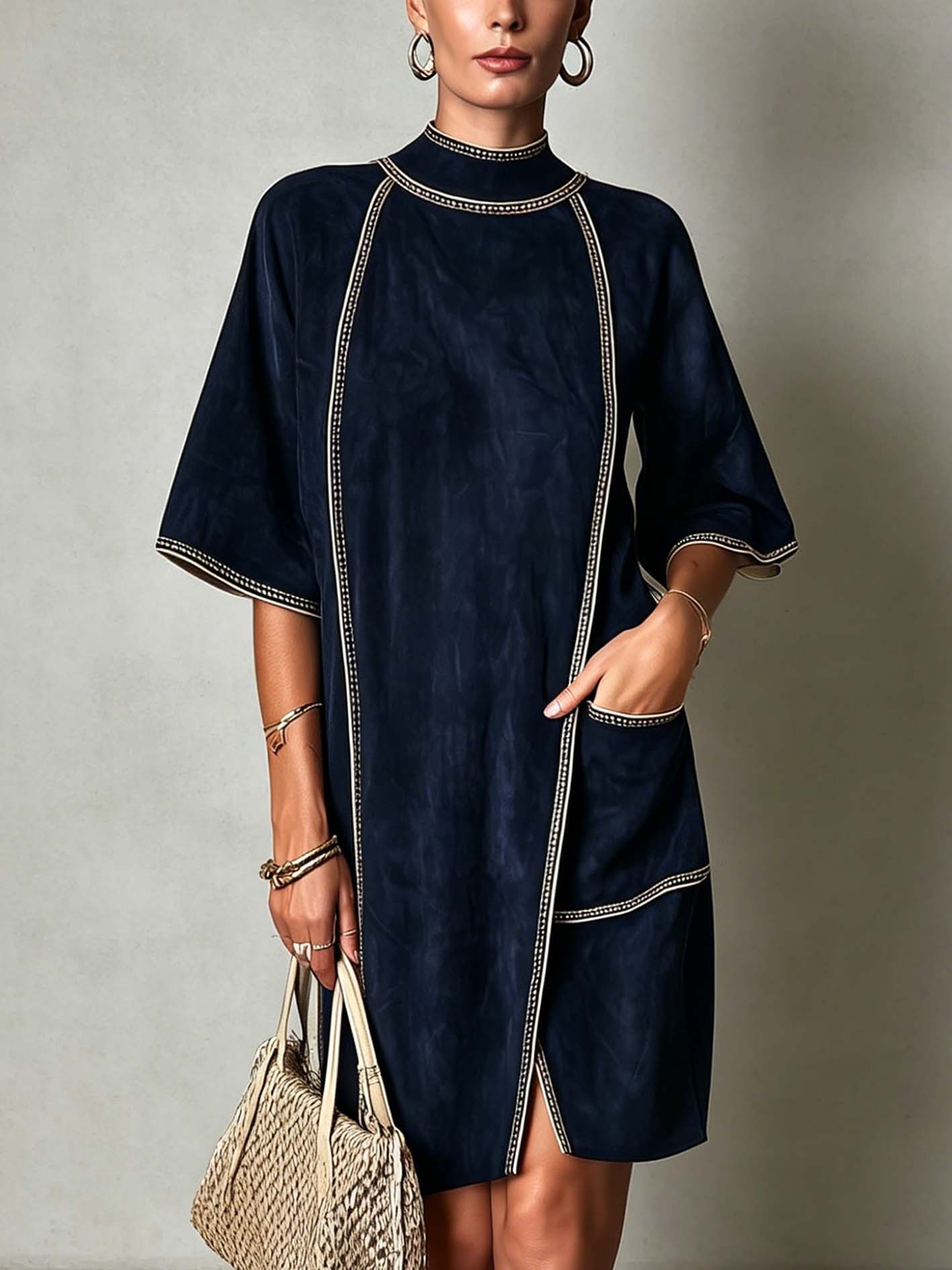 Navy Faux Suede Midi Dress With Vintage Trim Detail