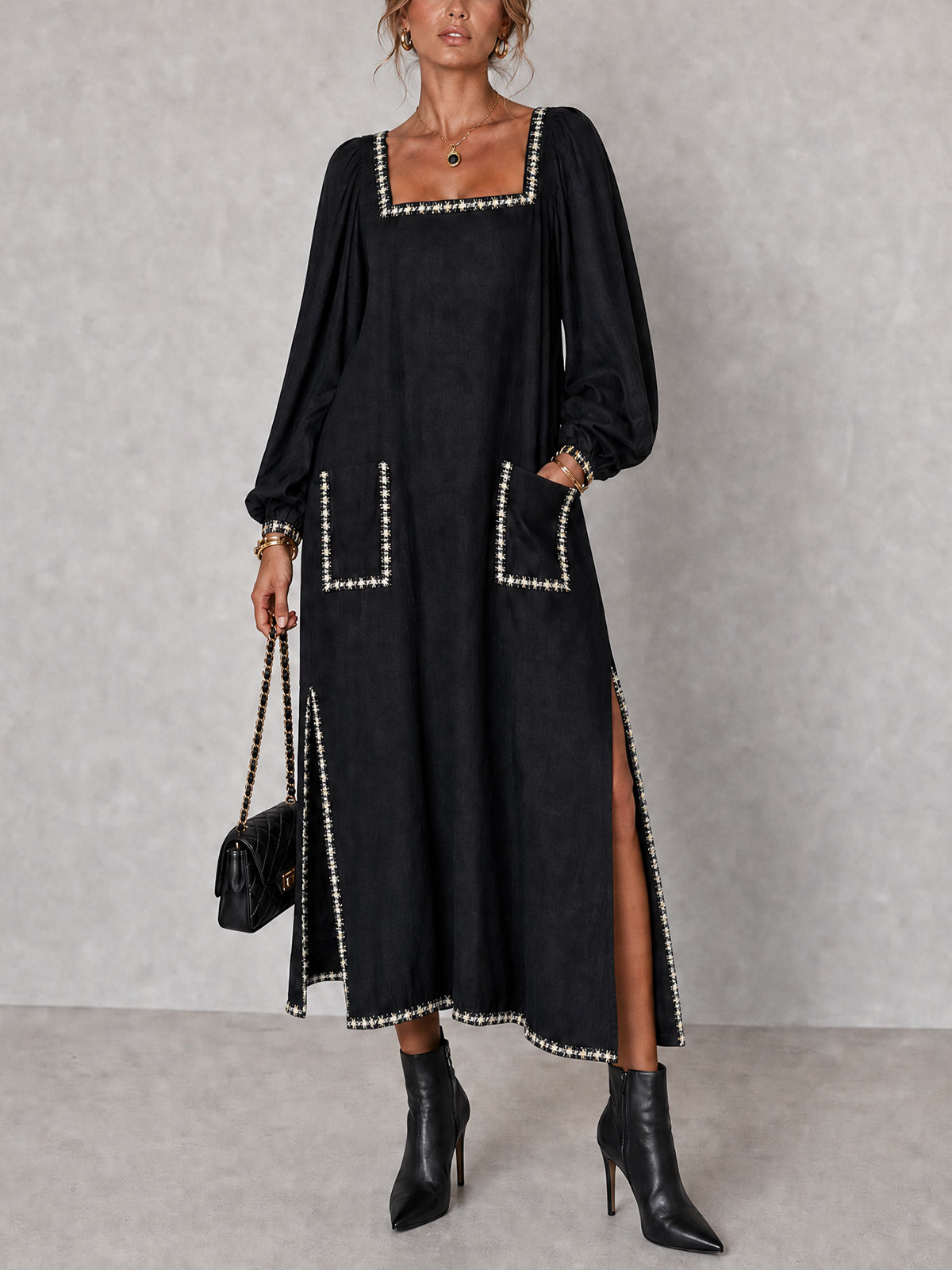 Black Square Neck Trim Pocket Maxi Dress
