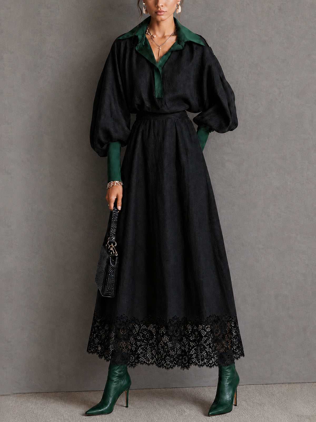 Contrast Collar Puff Sleeve Lace Hem Maxi Dress Set