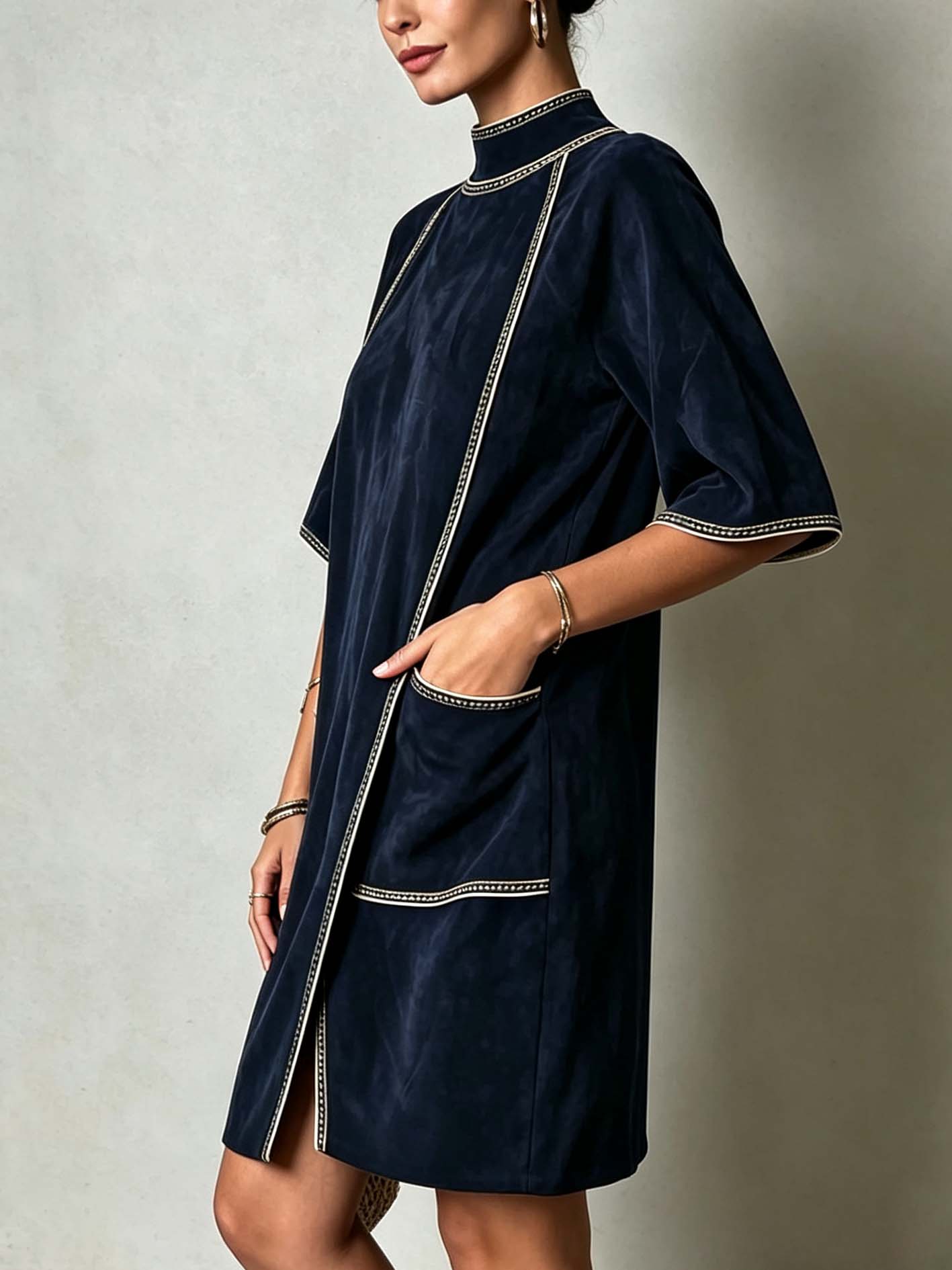 Navy Faux Suede Midi Dress With Vintage Trim Detail