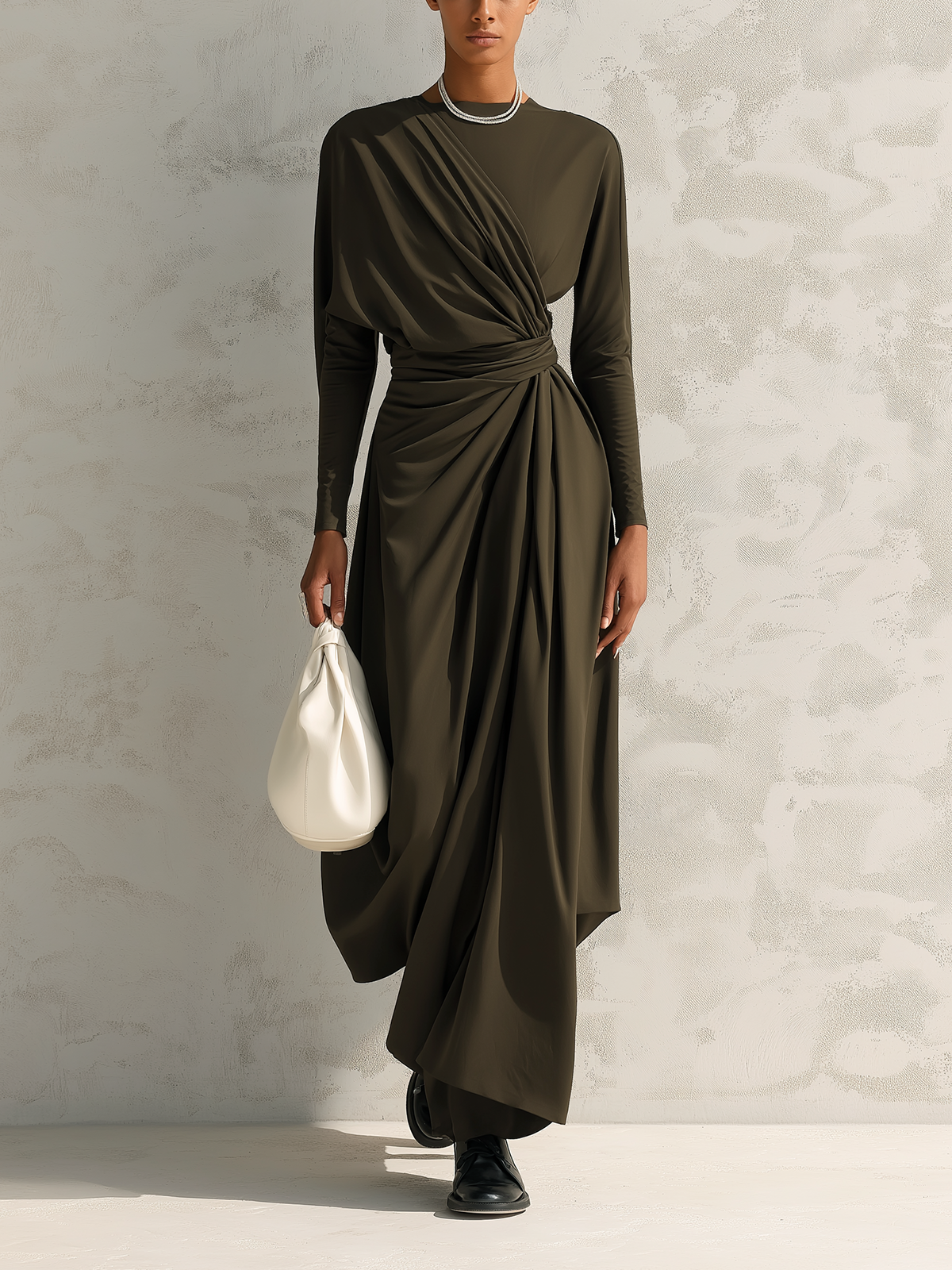 Olive Green Draped Asymmetrical Maxi Dress