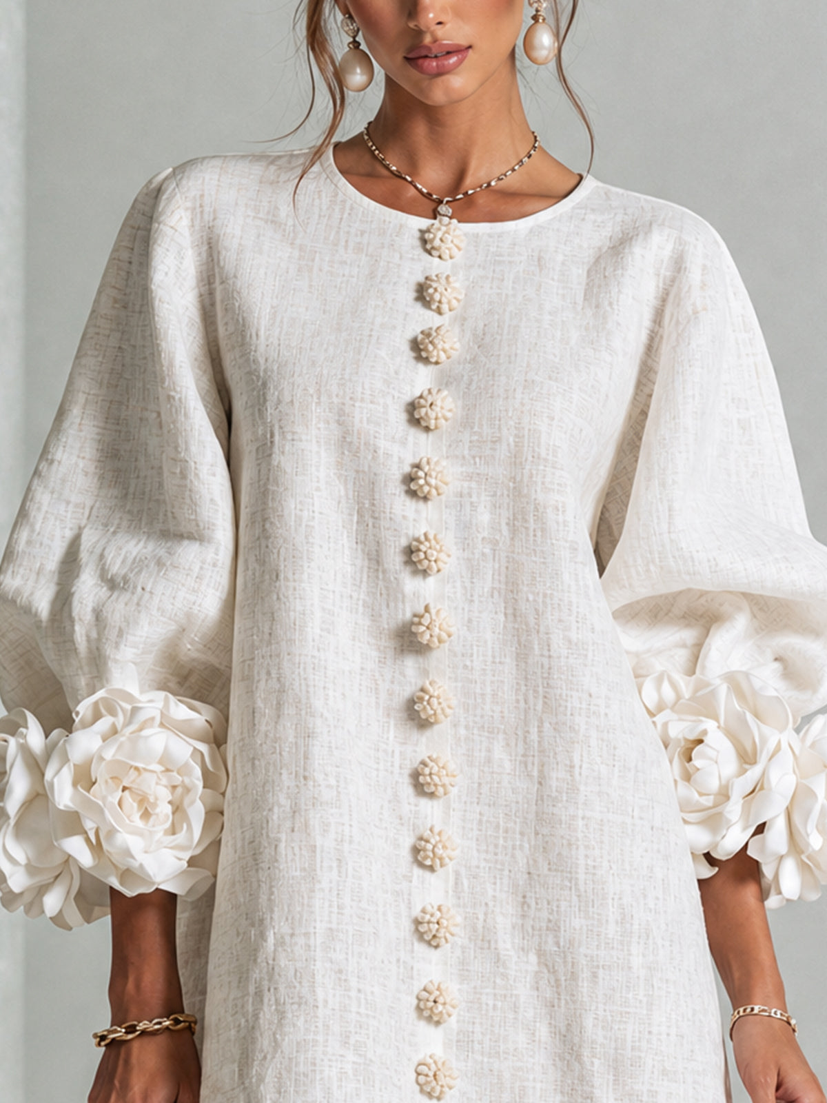Ivory Bloom Button-Front Mini Dress With Statement Floral Cuffs