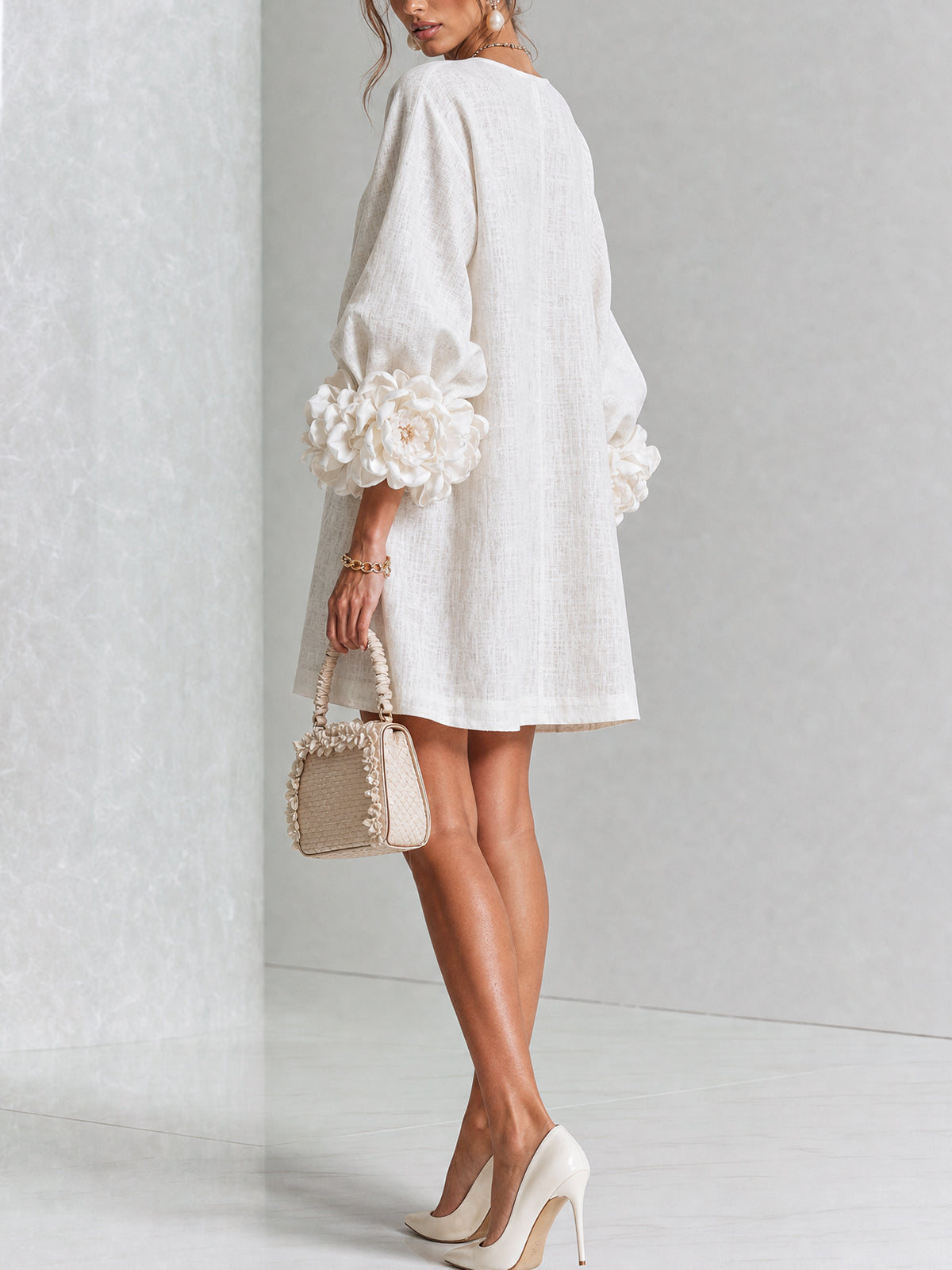 Ivory Bloom Button-Front Mini Dress With Statement Floral Cuffs