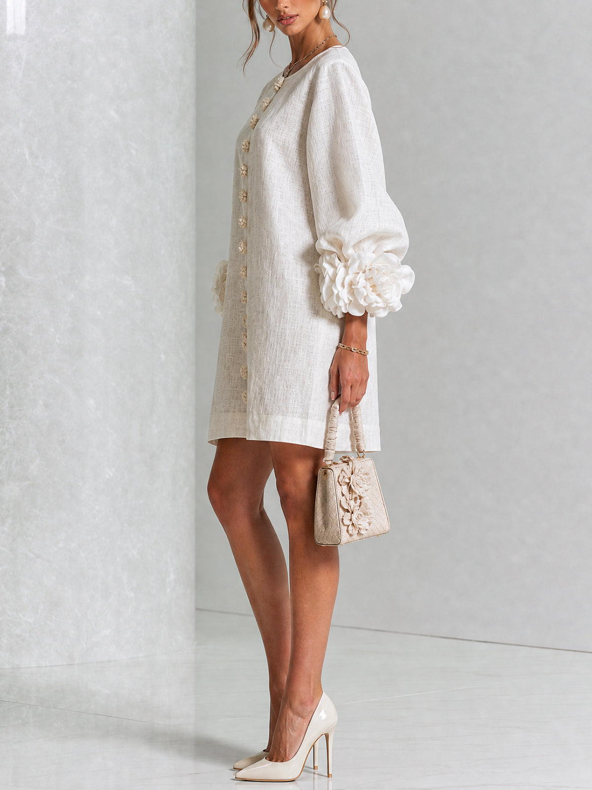 Ivory Bloom Button-Front Mini Dress With Statement Floral Cuffs