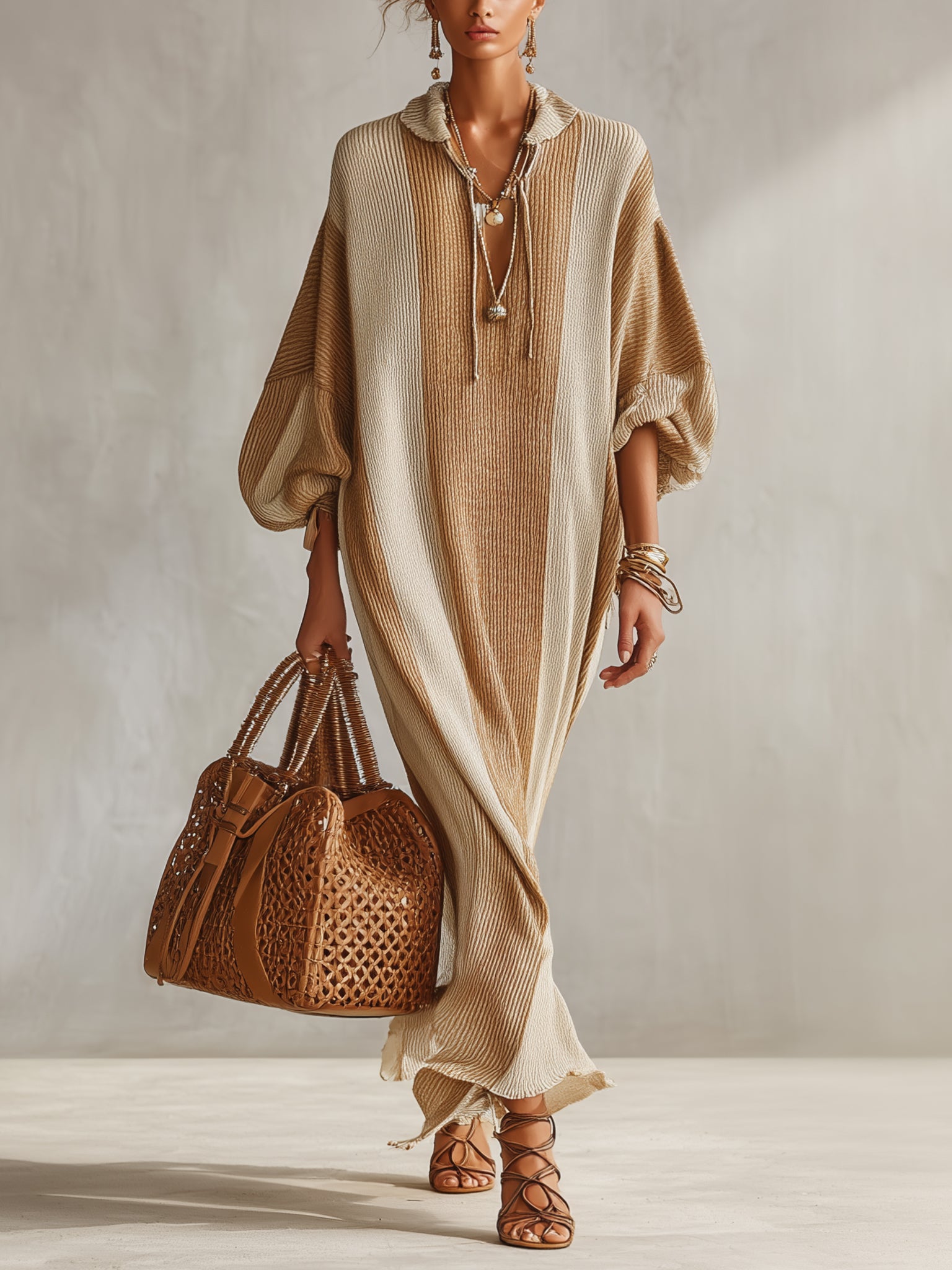 Khaki Color Block Knit Maxi Dress