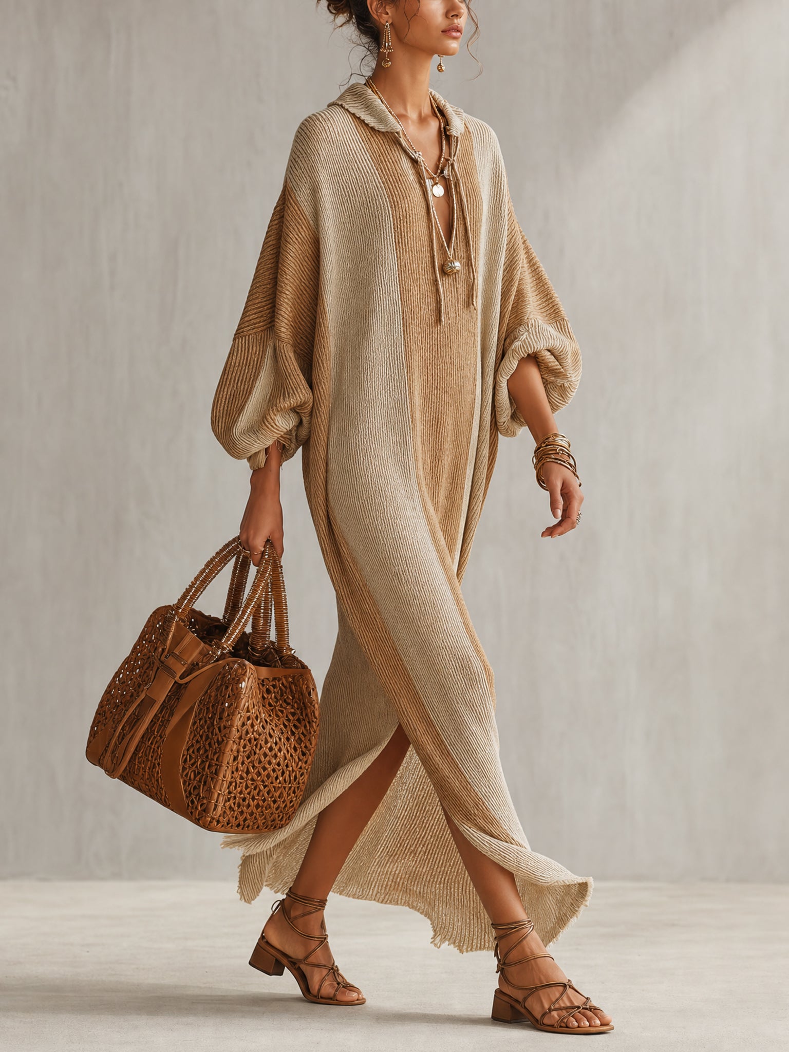 Khaki Color Block Knit Maxi Dress