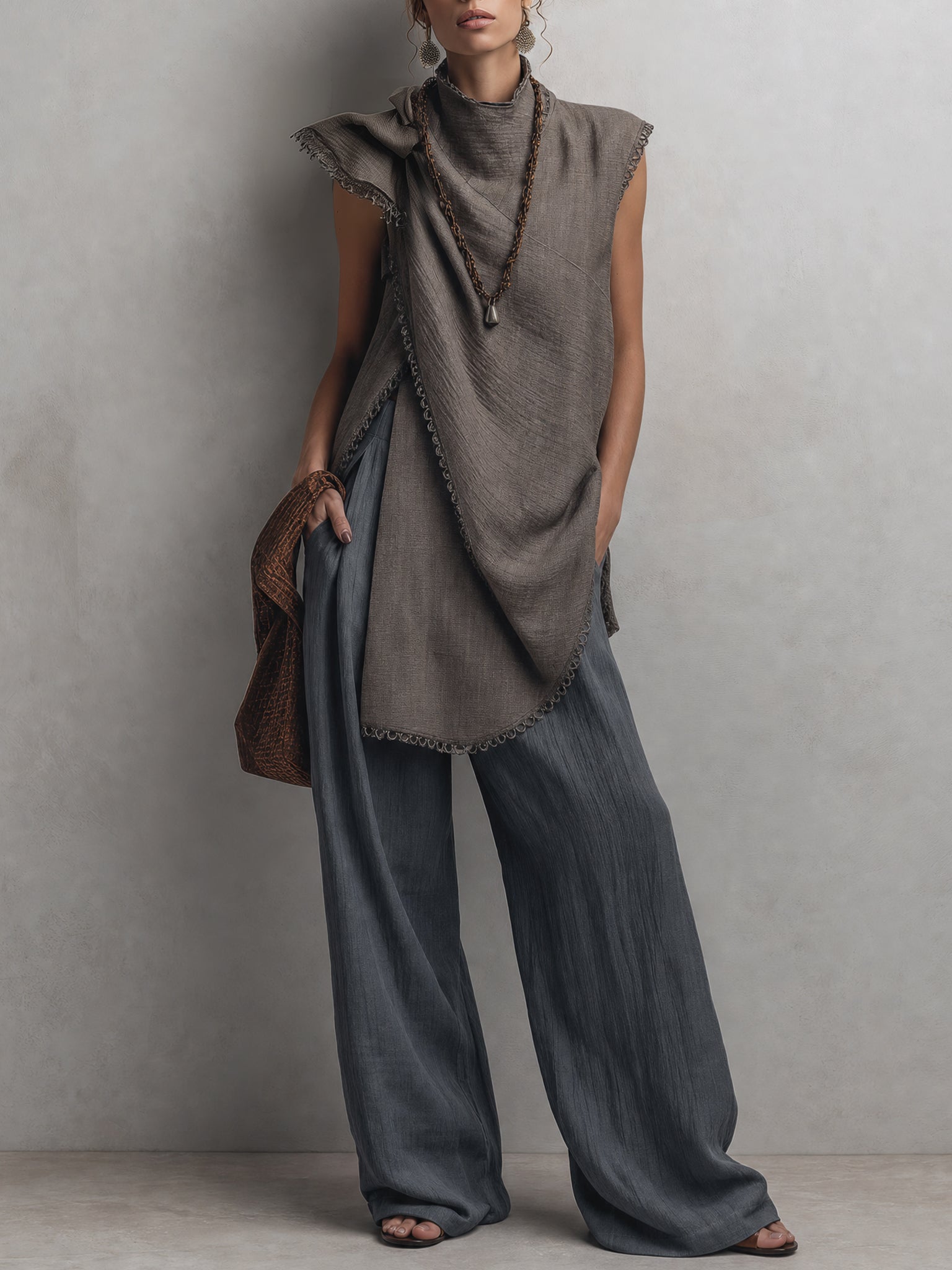 Gray Linen Blend Sculptural Top And Wide Leg Pants Set