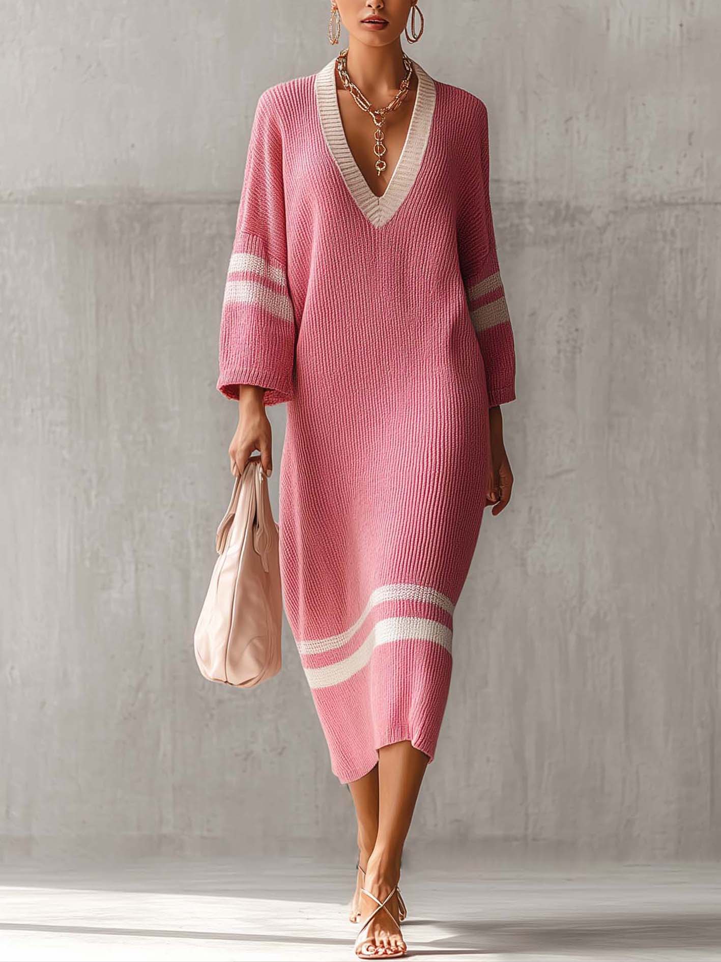 Pink V-Neck Stripe Trim Knit Midi Dress