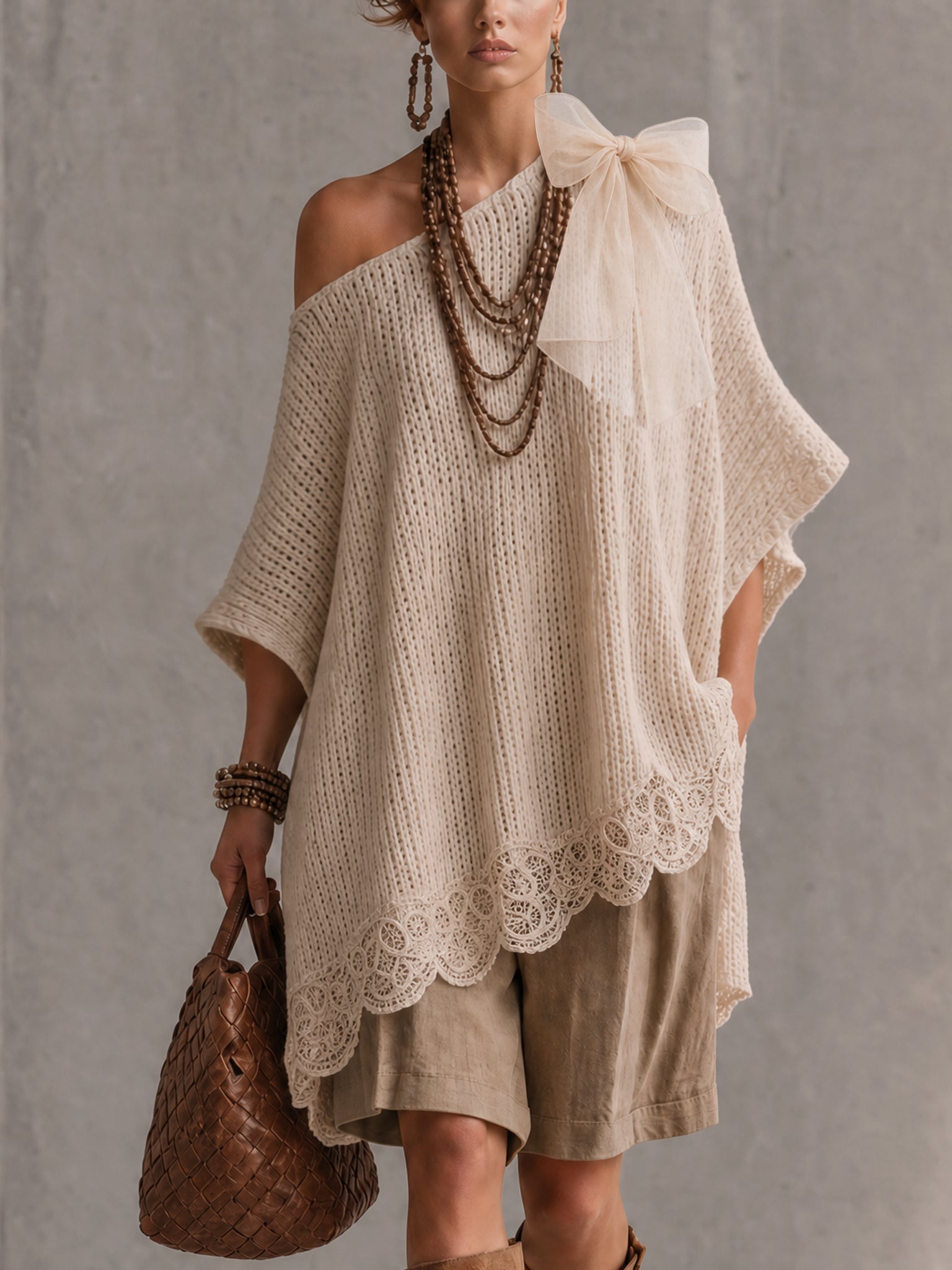 Beige Loose Off Shoulder Knit Mini Dress