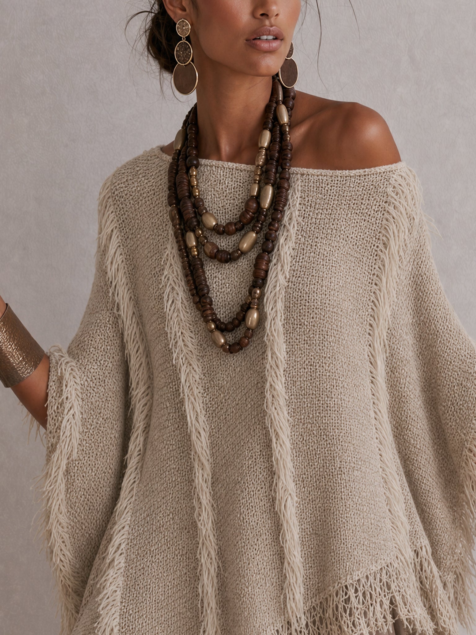 Beige Bohemian Fringe Sweater