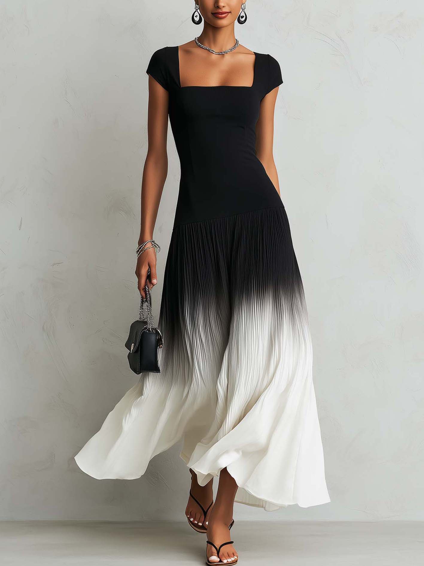 Black Square Neck Midi Dress With Pleated Ombre Patchwork Hem