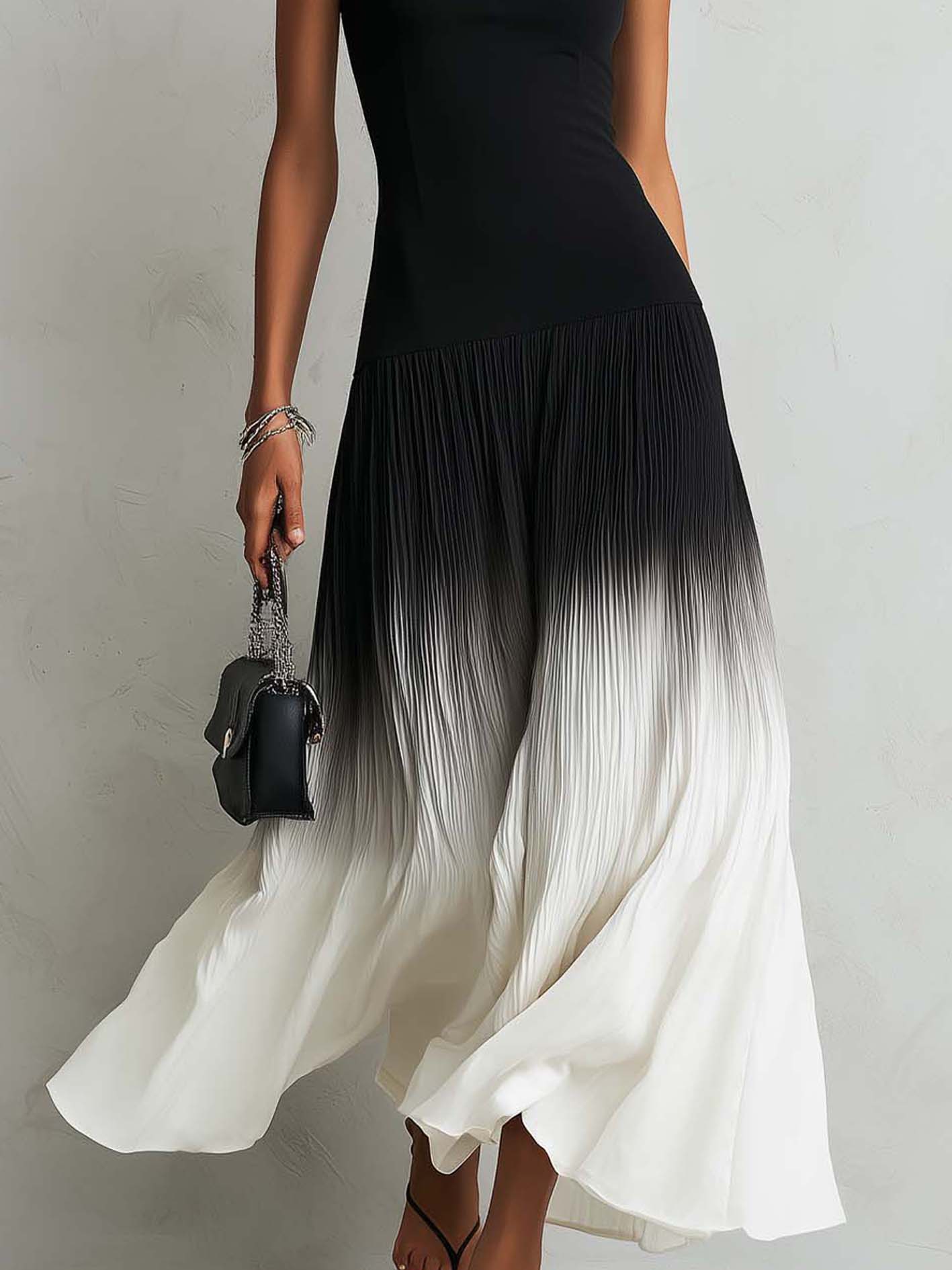 Black Square Neck Midi Dress With Pleated Ombre Patchwork Hem
