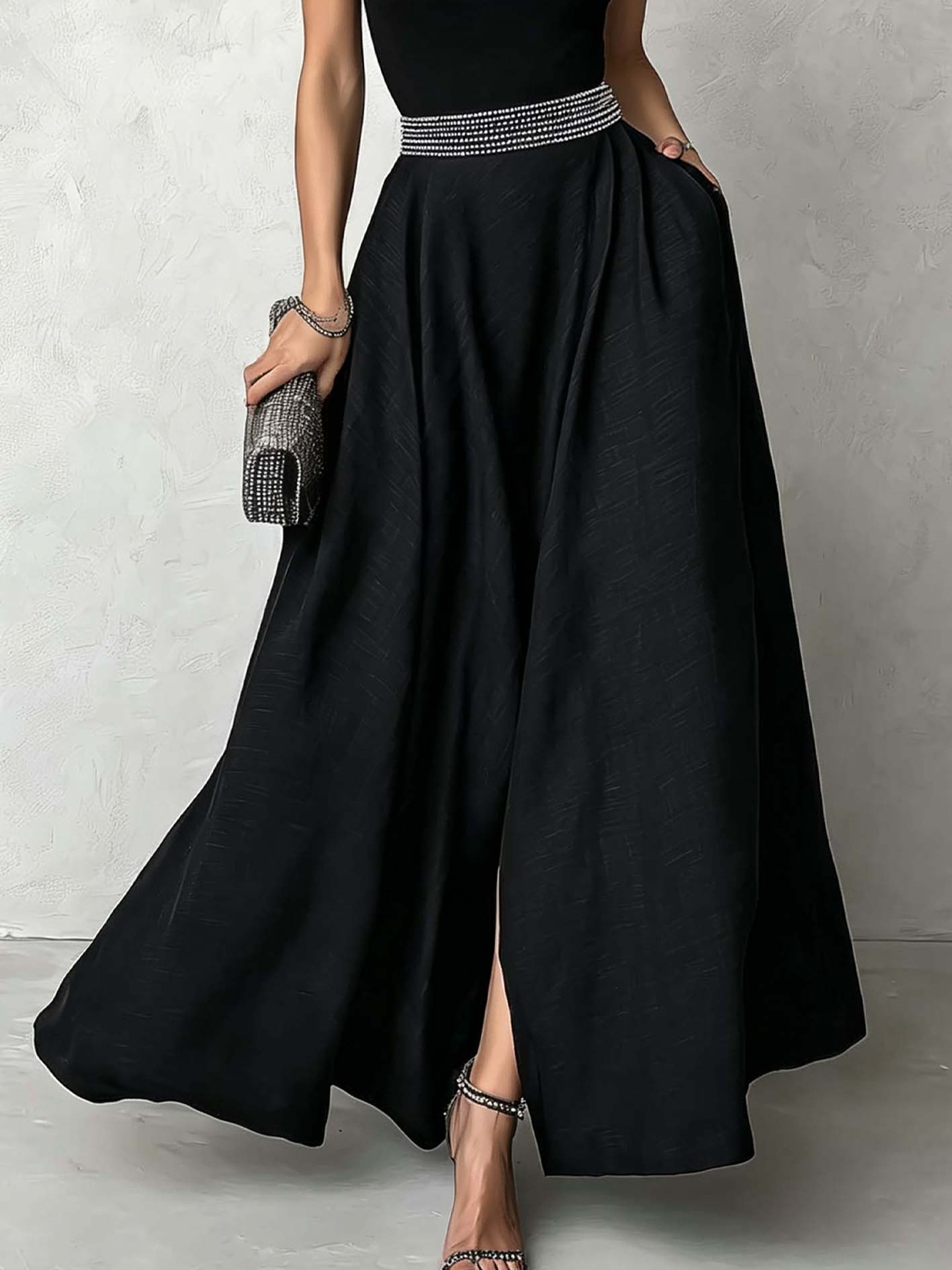 Black Mock Neck Knit Top And Linen Blend Maxi Skirt Set With Rhinestone Trim