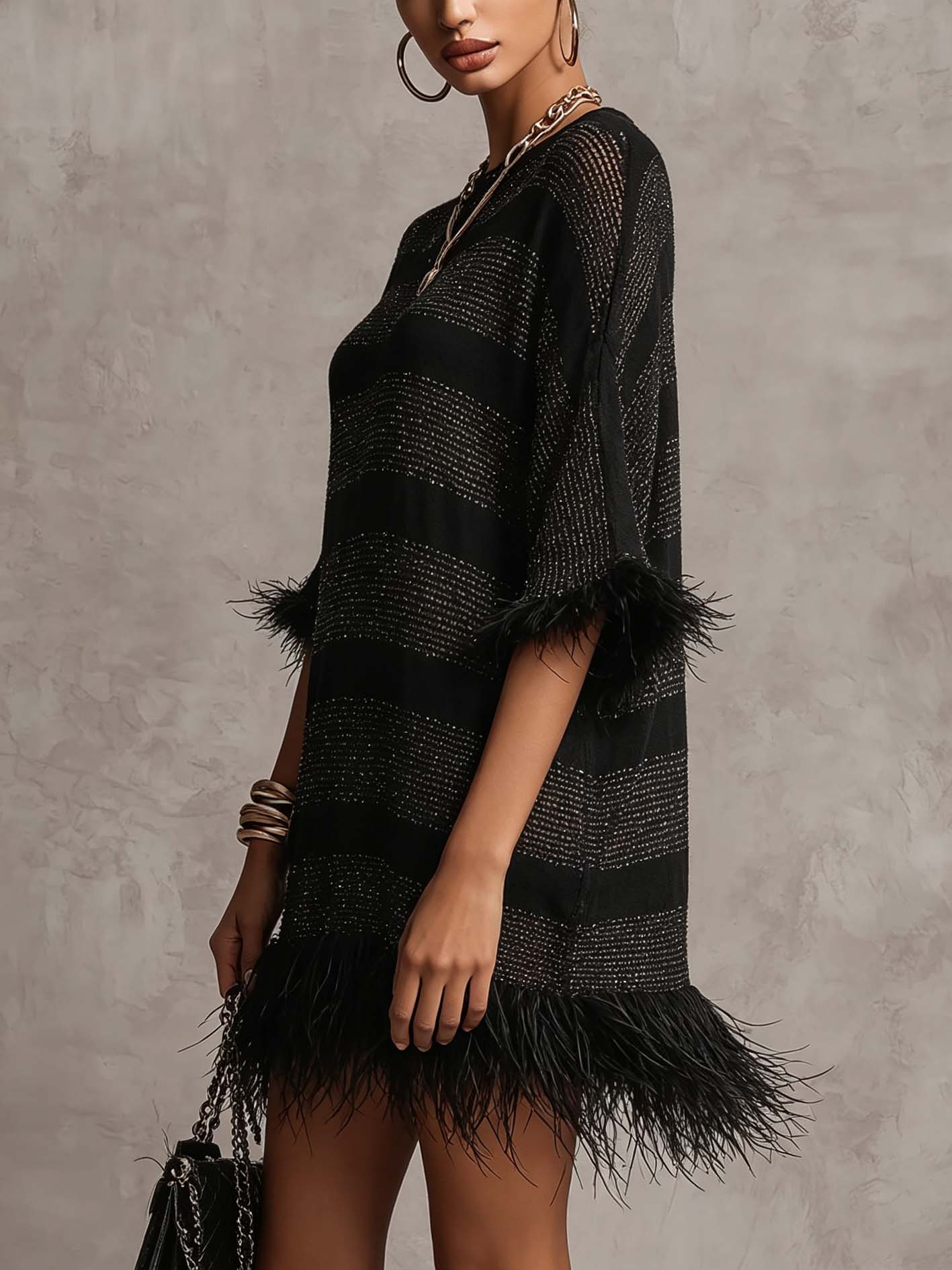 Black Open Knit Mini Dress With Faux Feather Trim