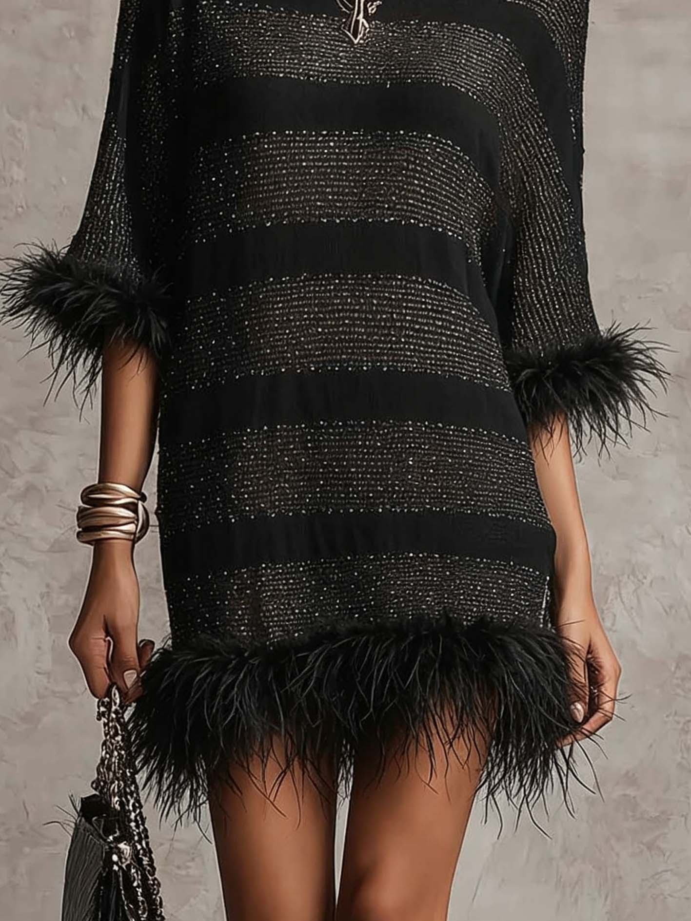 Black Open Knit Mini Dress With Faux Feather Trim