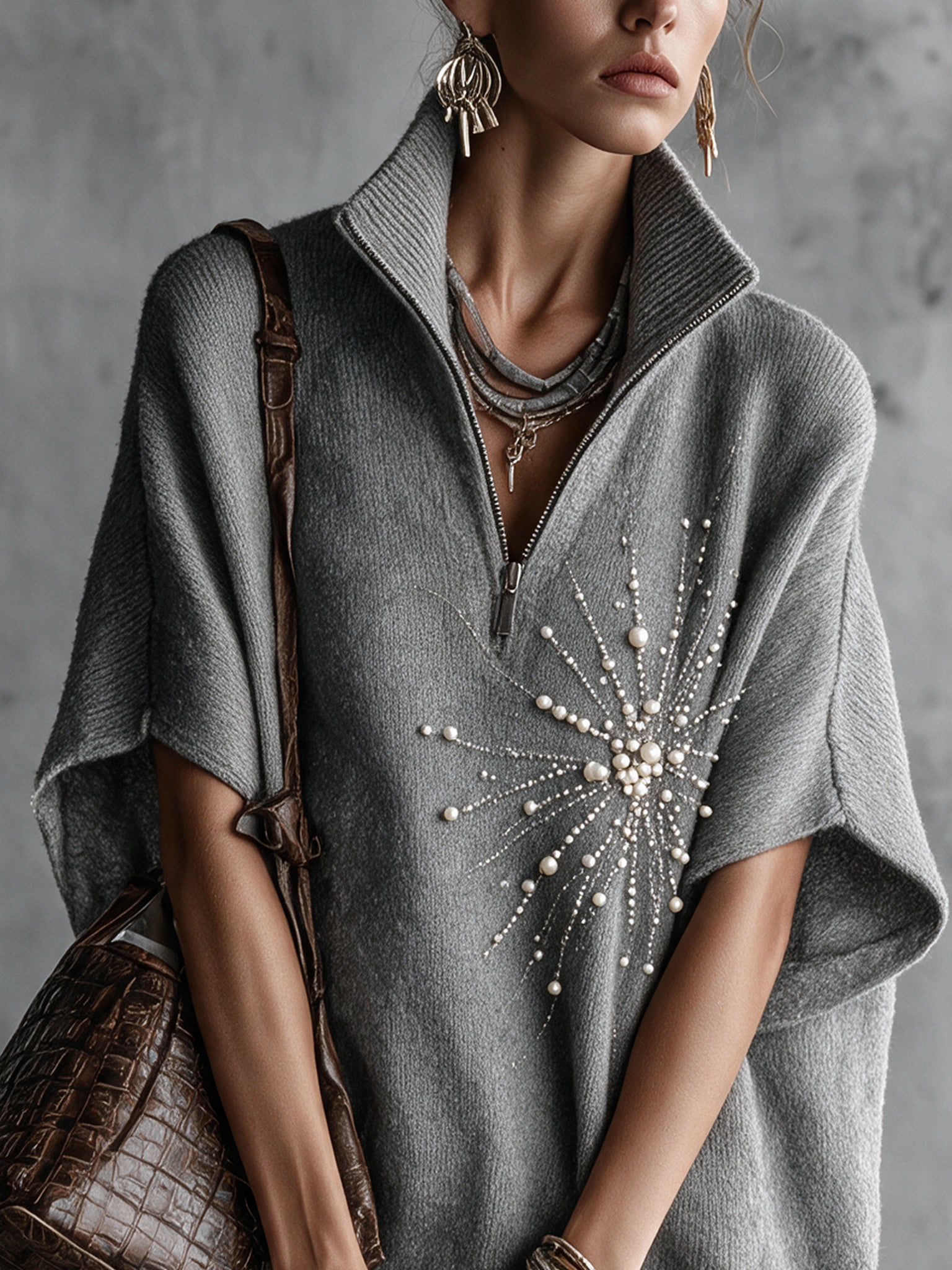 Gray Half Zip Beaded Embroidery Knit Mini Dress
