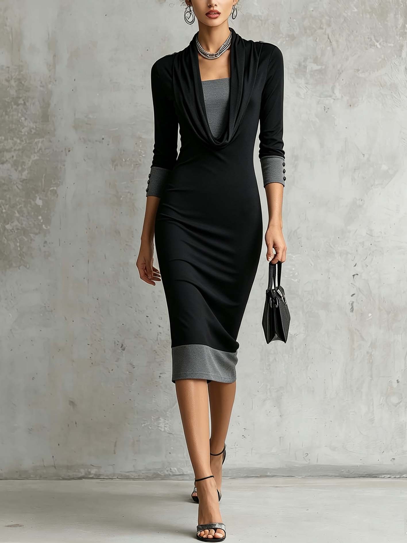 Black And Gray Faux Two-Piece Draped Neck Bodycon Midi Dress