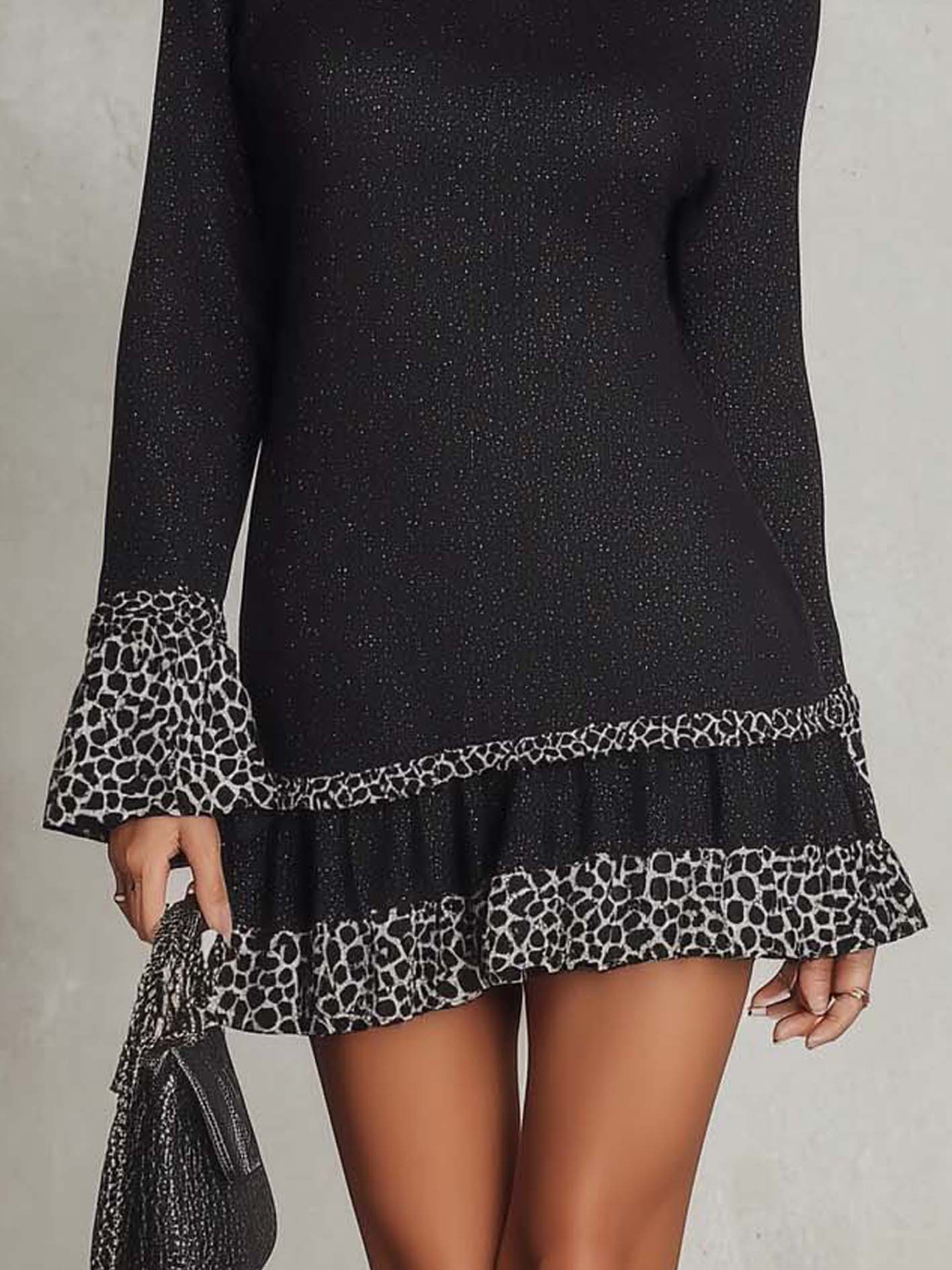 Black Shimmer Mini Dress With Leopard Patchwork Ruffle Hem