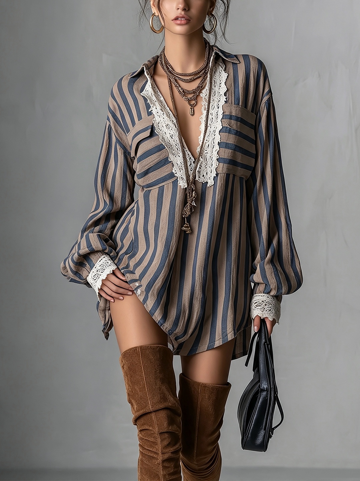 Taupe And Blue Striped Lace Trim Mini Dress