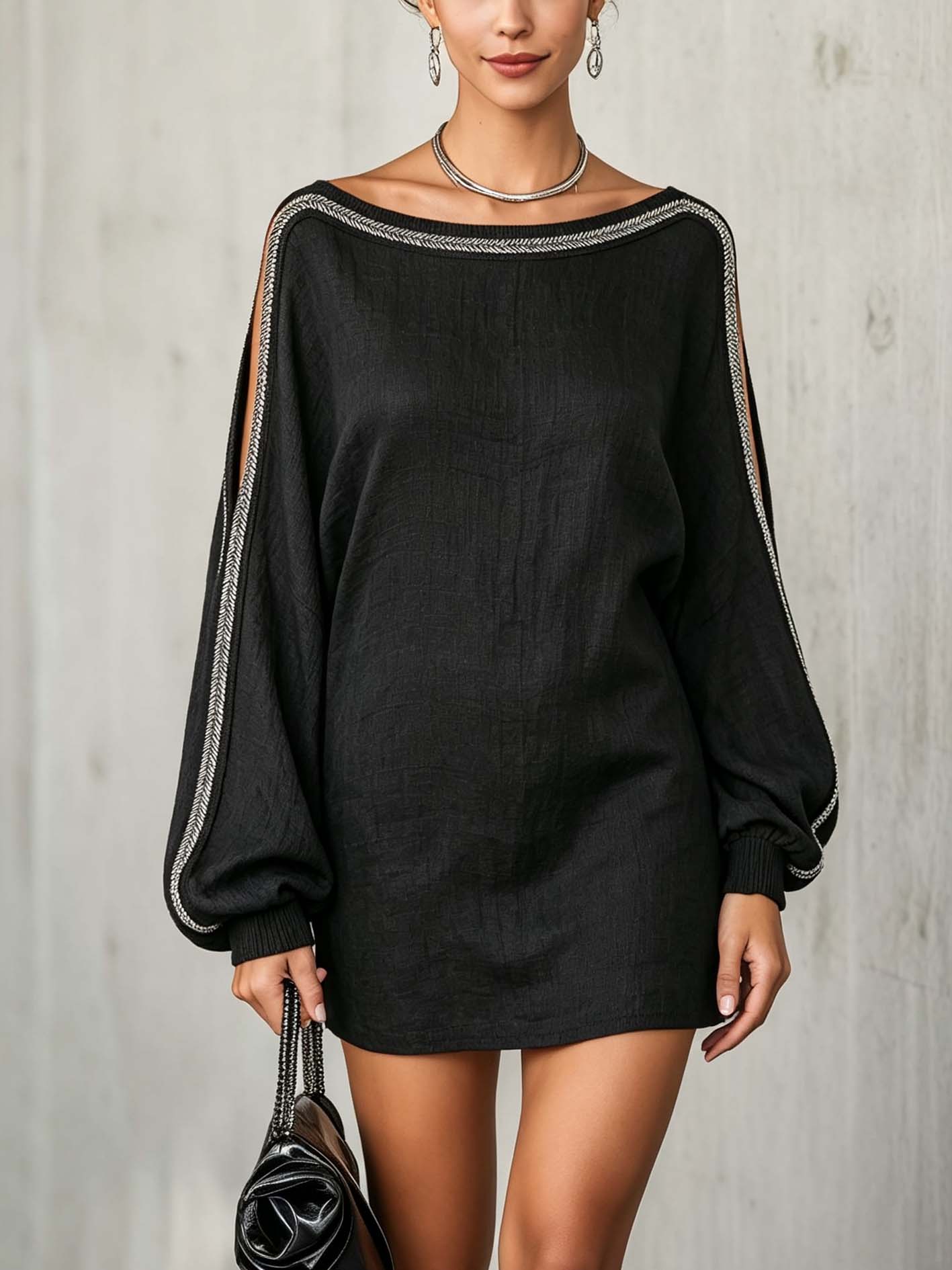 Black Linen Blend Mini Dress With Shimmer Trim And Balloon Sleeves
