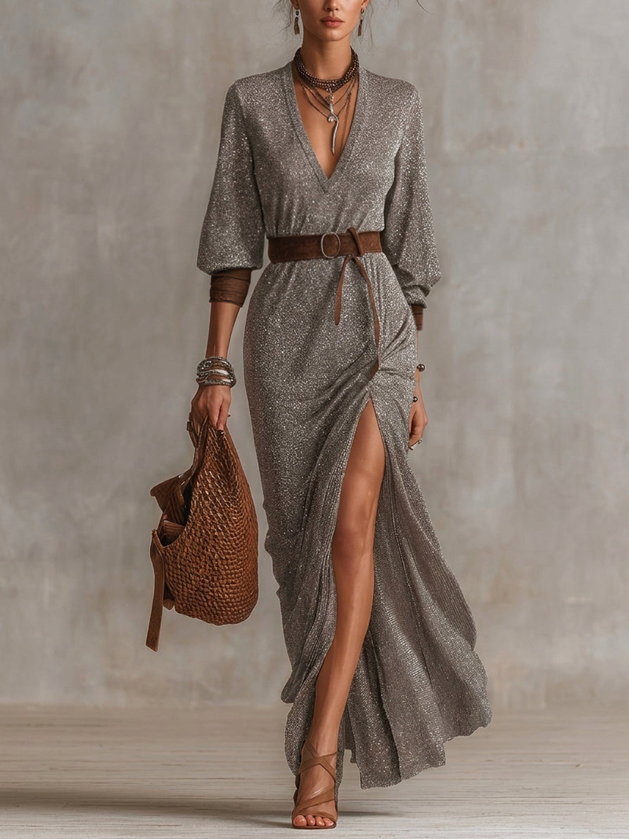 Gray Shimmer Stretch V-Neck High Slit Maxi Dress