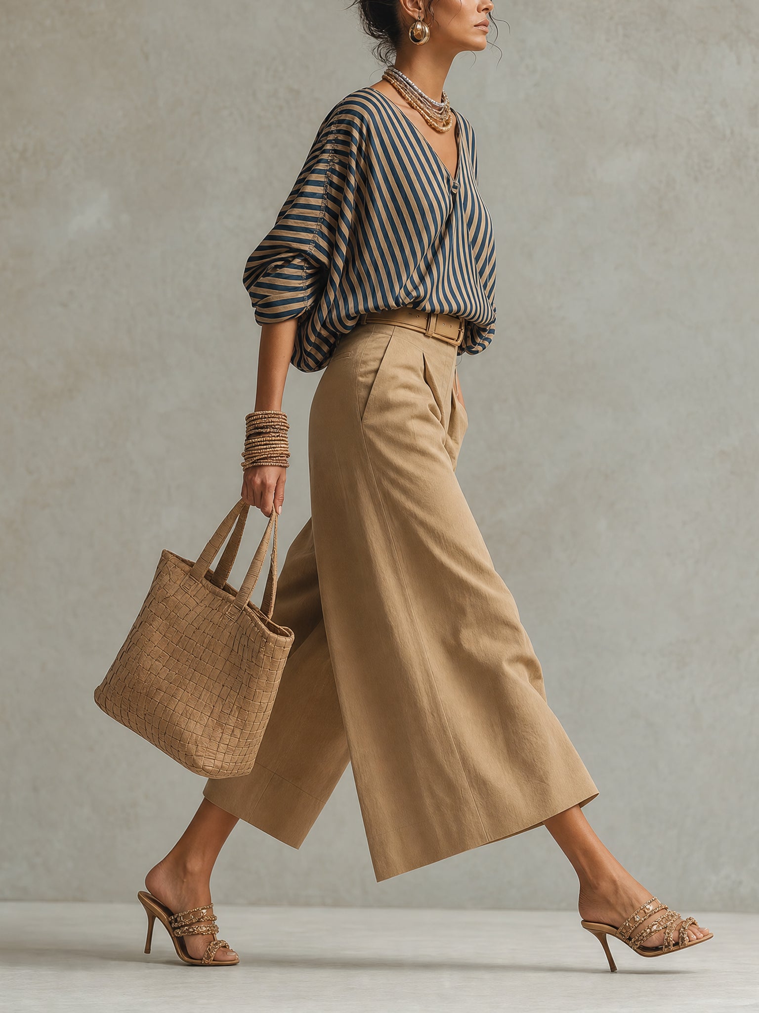 Navy Striped V-Neck Blouse And Khaki Wide Leg Pants Set