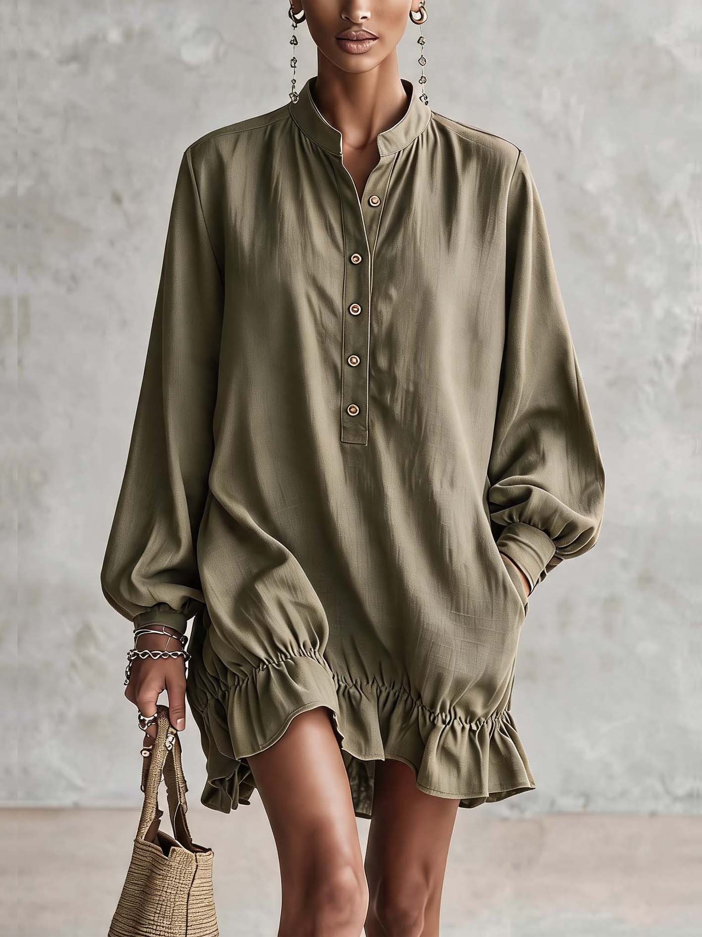 Olive Green Linen Blend Mini Dress With Button Placket And Ruffle Hem