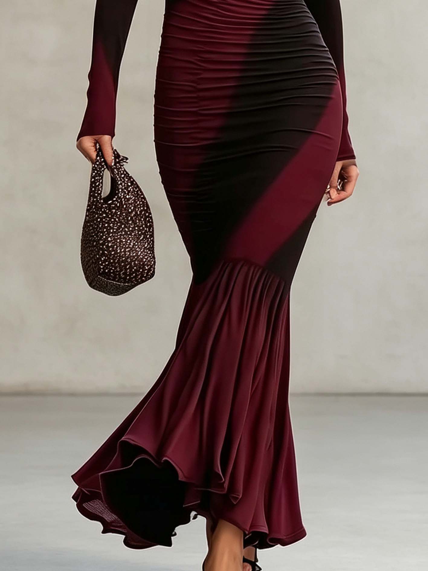 Burgundy And Black Ombre Ruched Bodycon Maxi Dress With Flared Hem