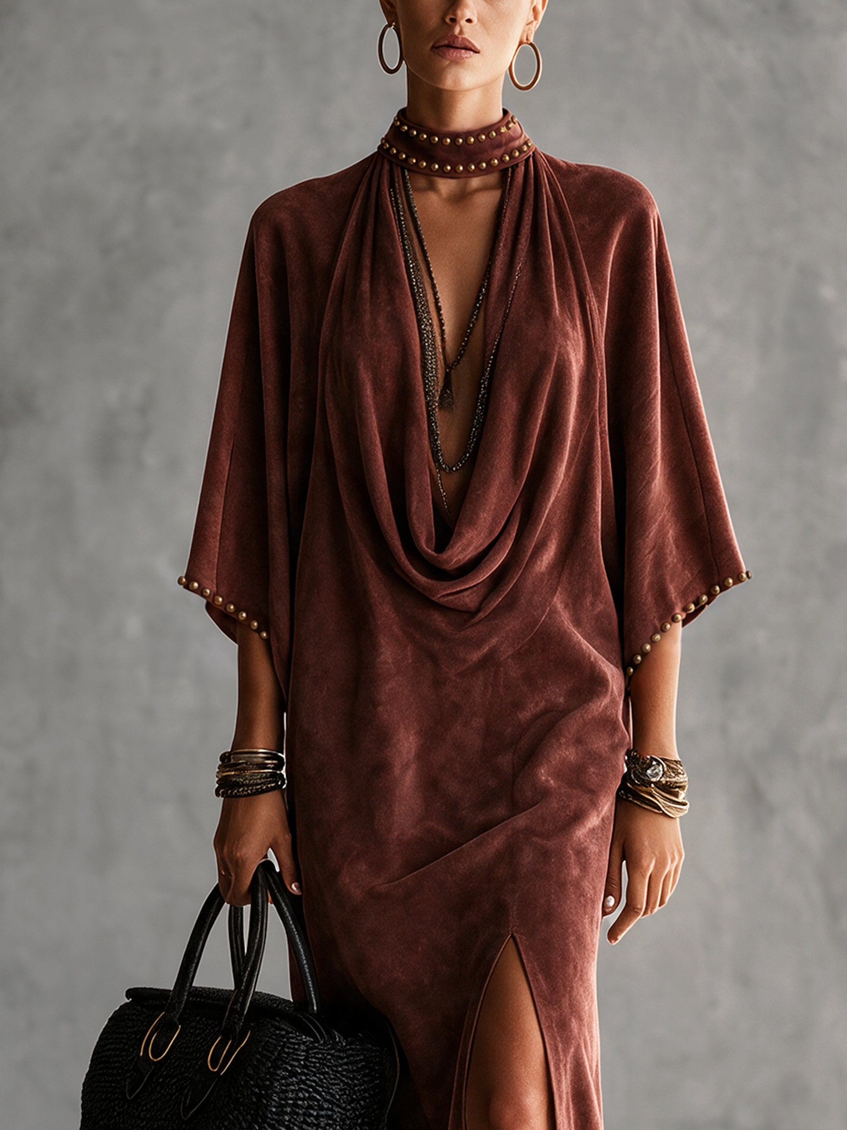 Burgundy Faux Suede Beaded Slit Midi Dress