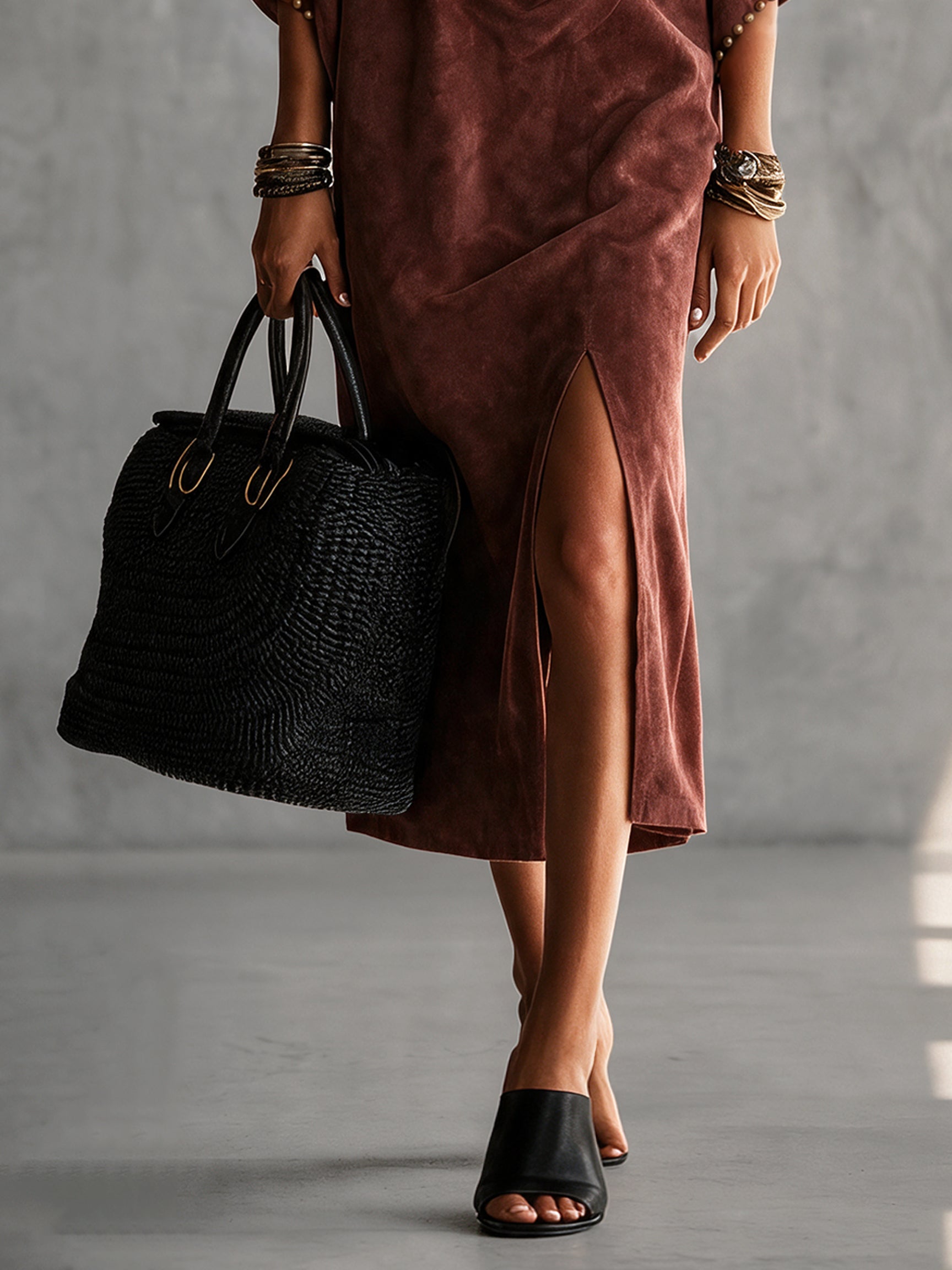 Burgundy Faux Suede Beaded Slit Midi Dress