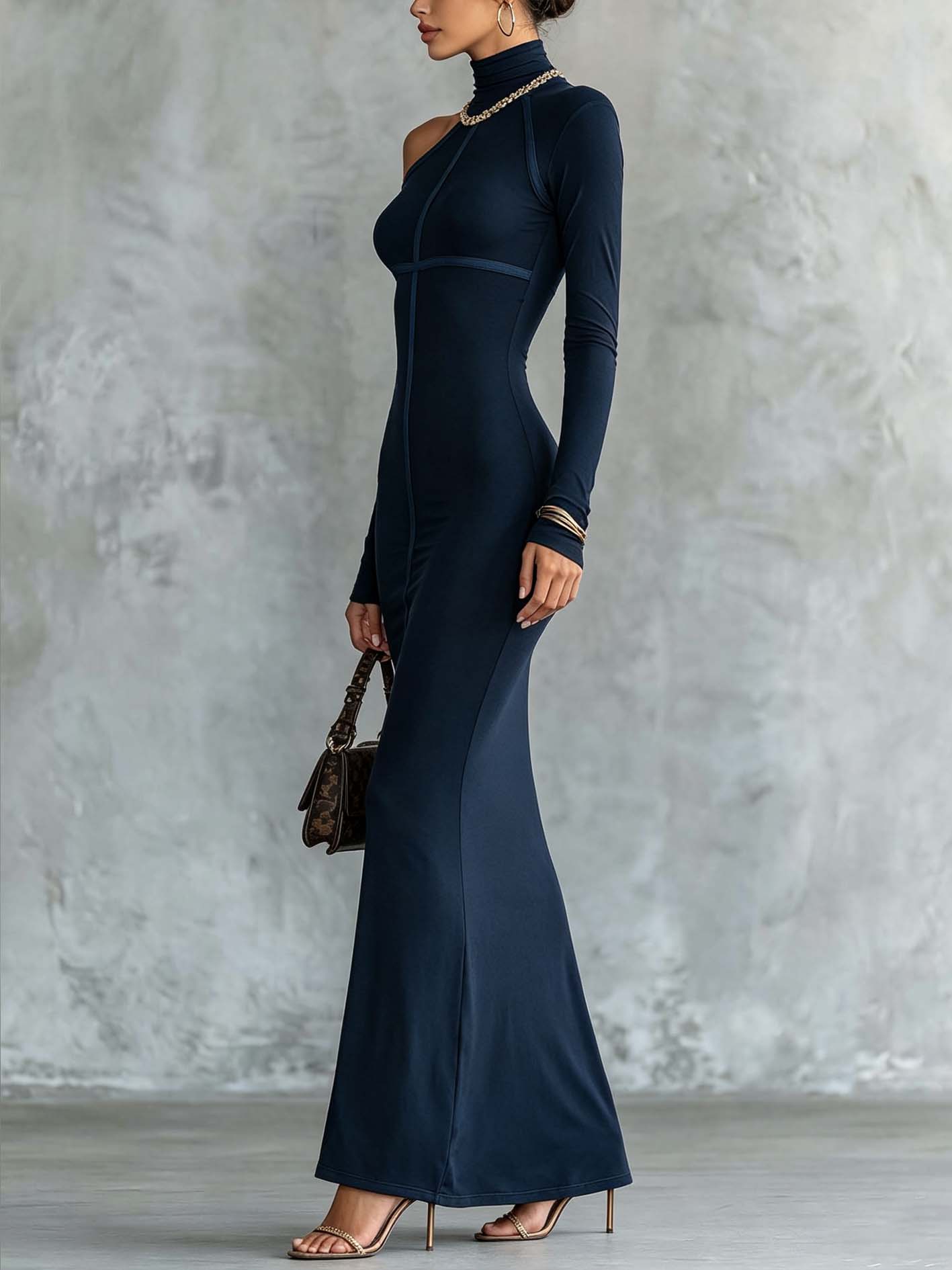 Navy One-Shoulder Bodycon Maxi Dress With Embellished Neckline And Contrast Seaming